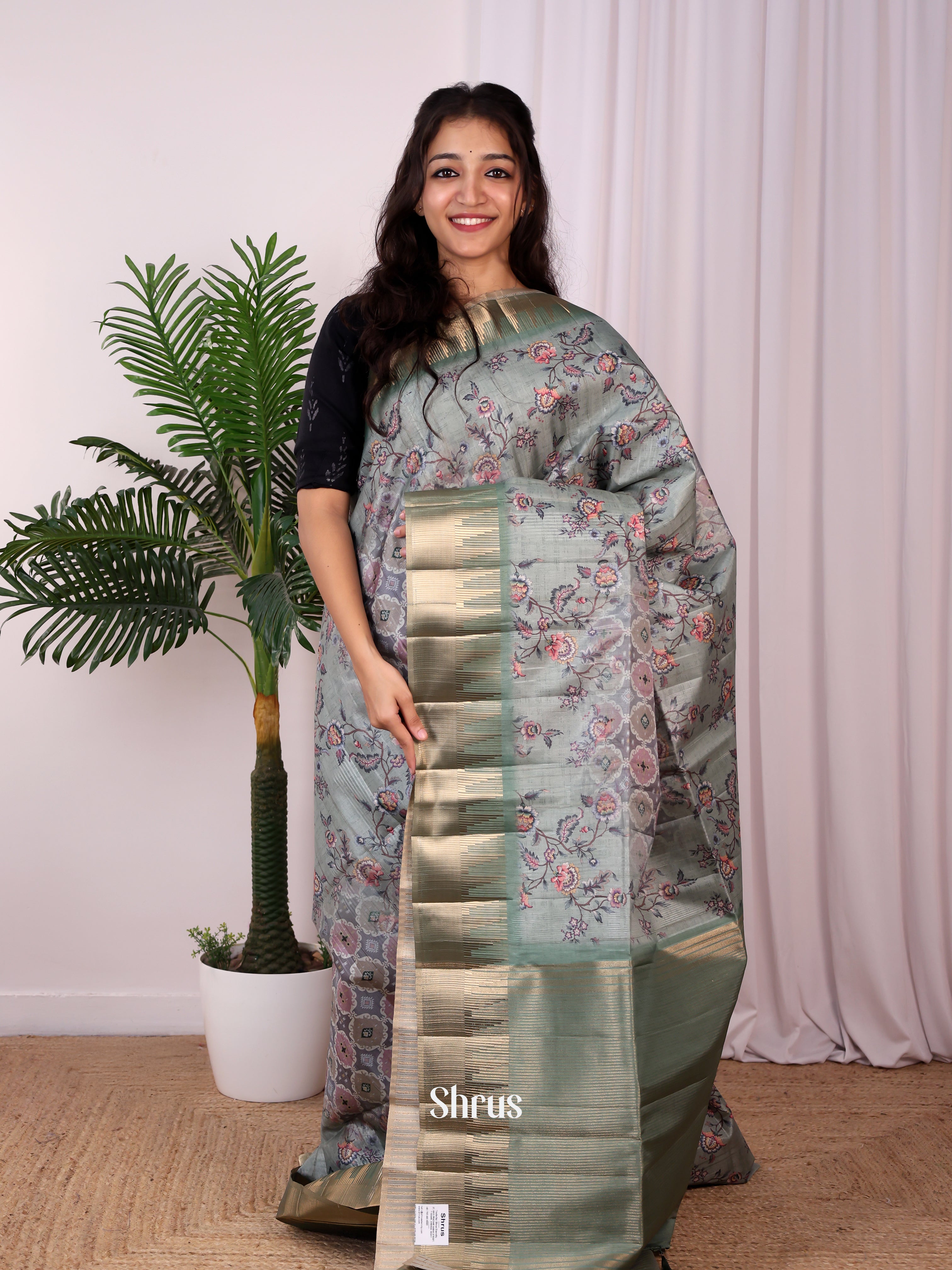 Grey - Semi Tussar Saree - Shop on Shrus.com