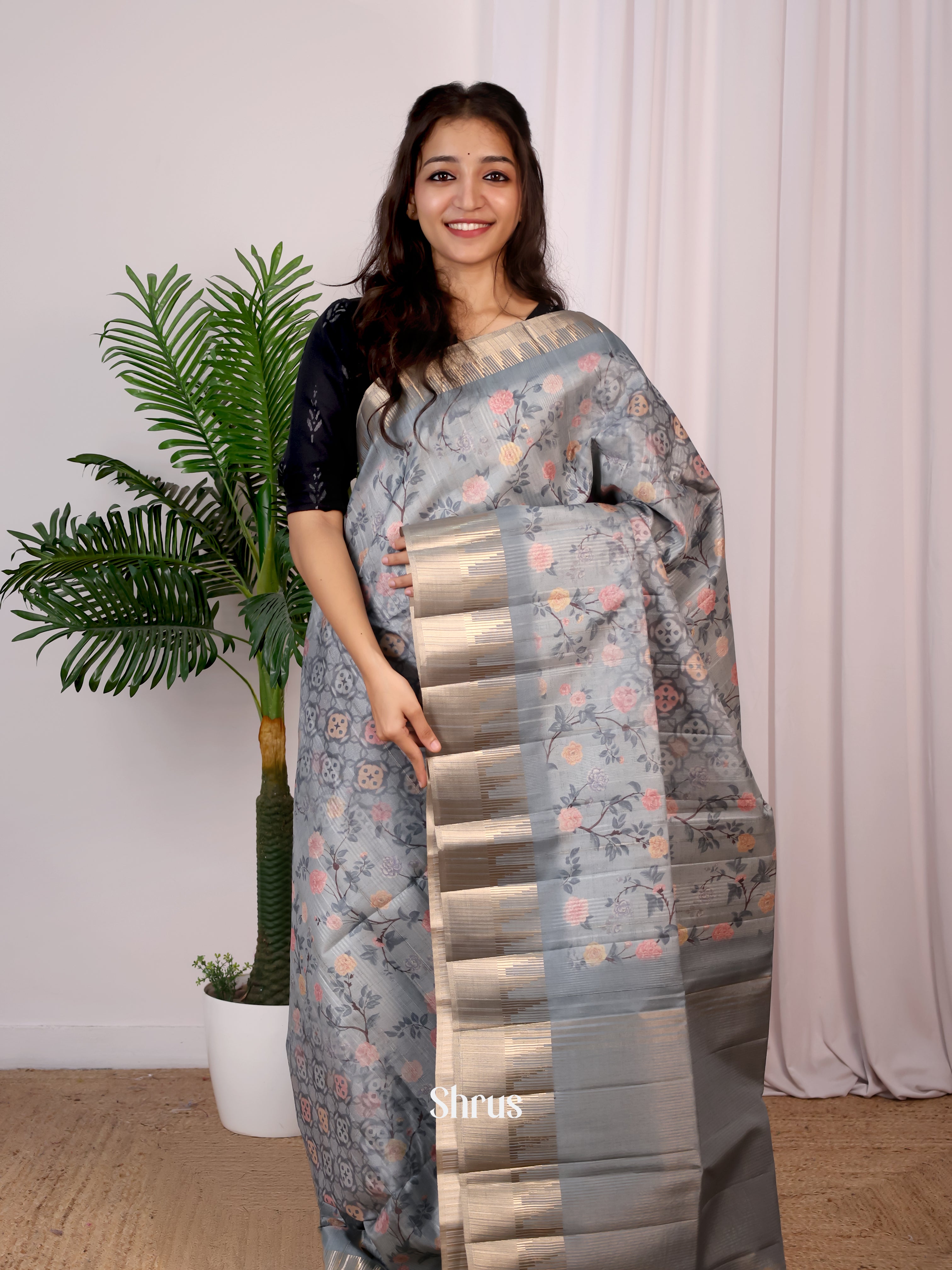 Grey - Semi Tussar Saree - Shop on Shrus.com