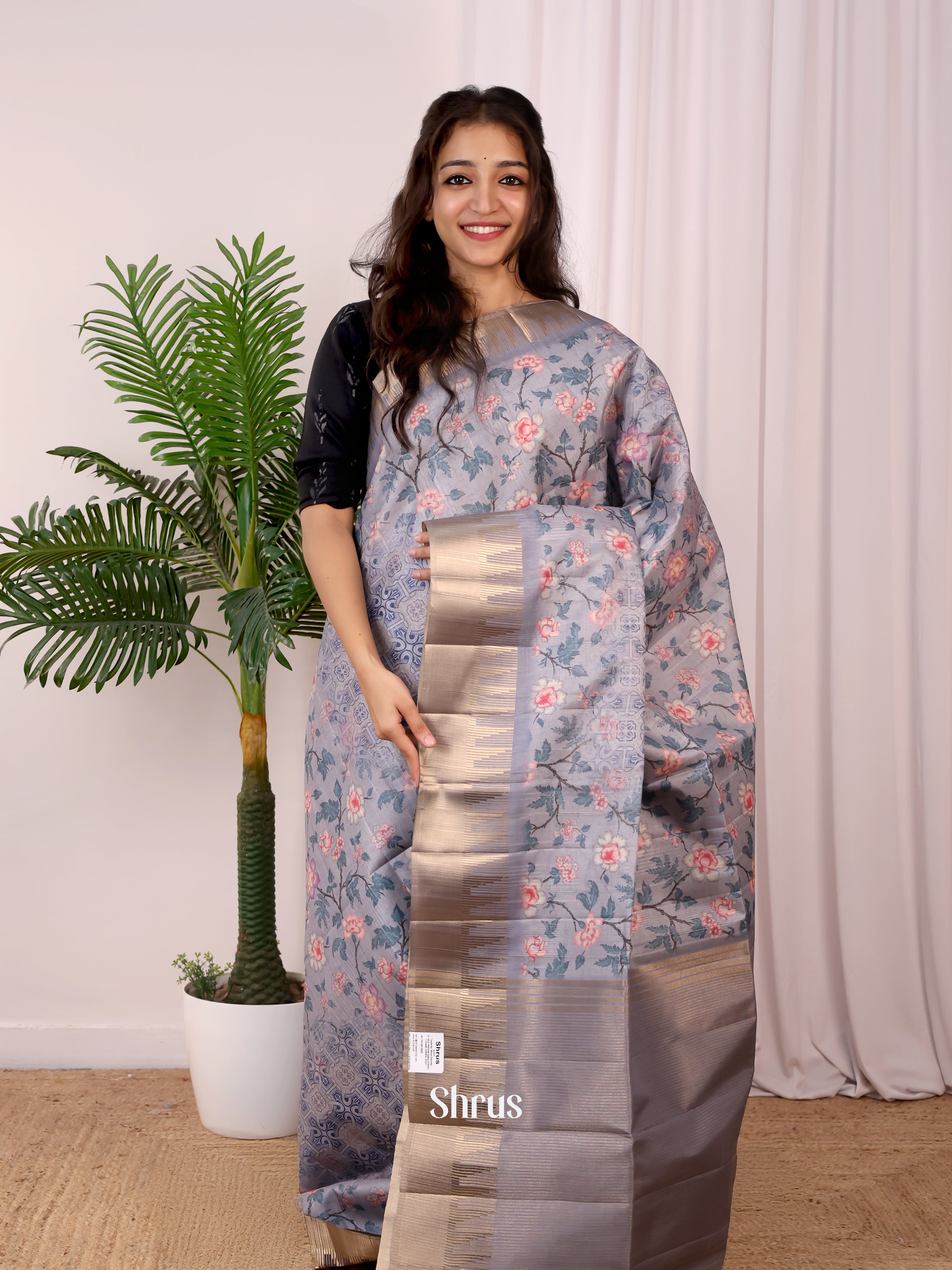 Grey - Semi Tussar Saree - Shop on Shrus.com