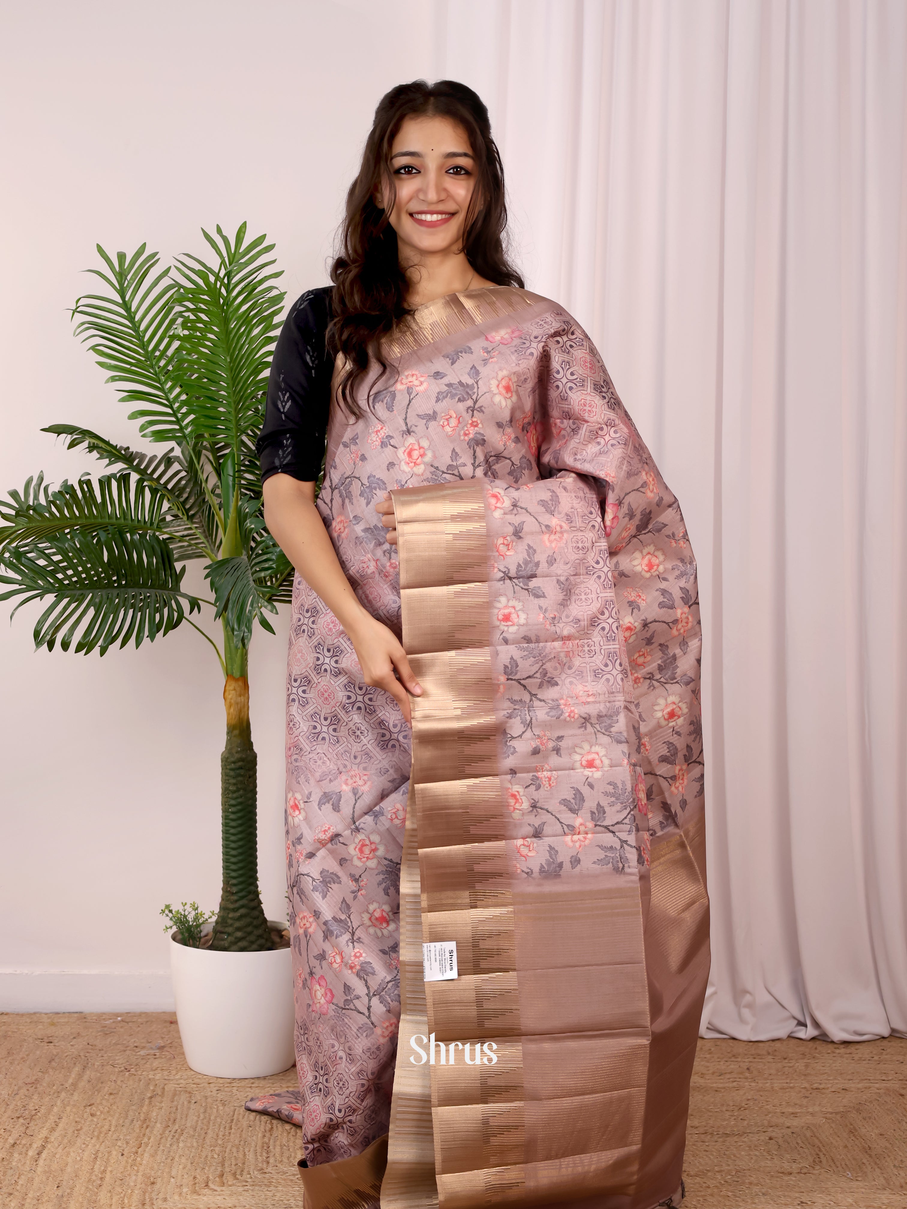 Dusty Brown - Semi Tussar Saree - Shop on Shrus.com