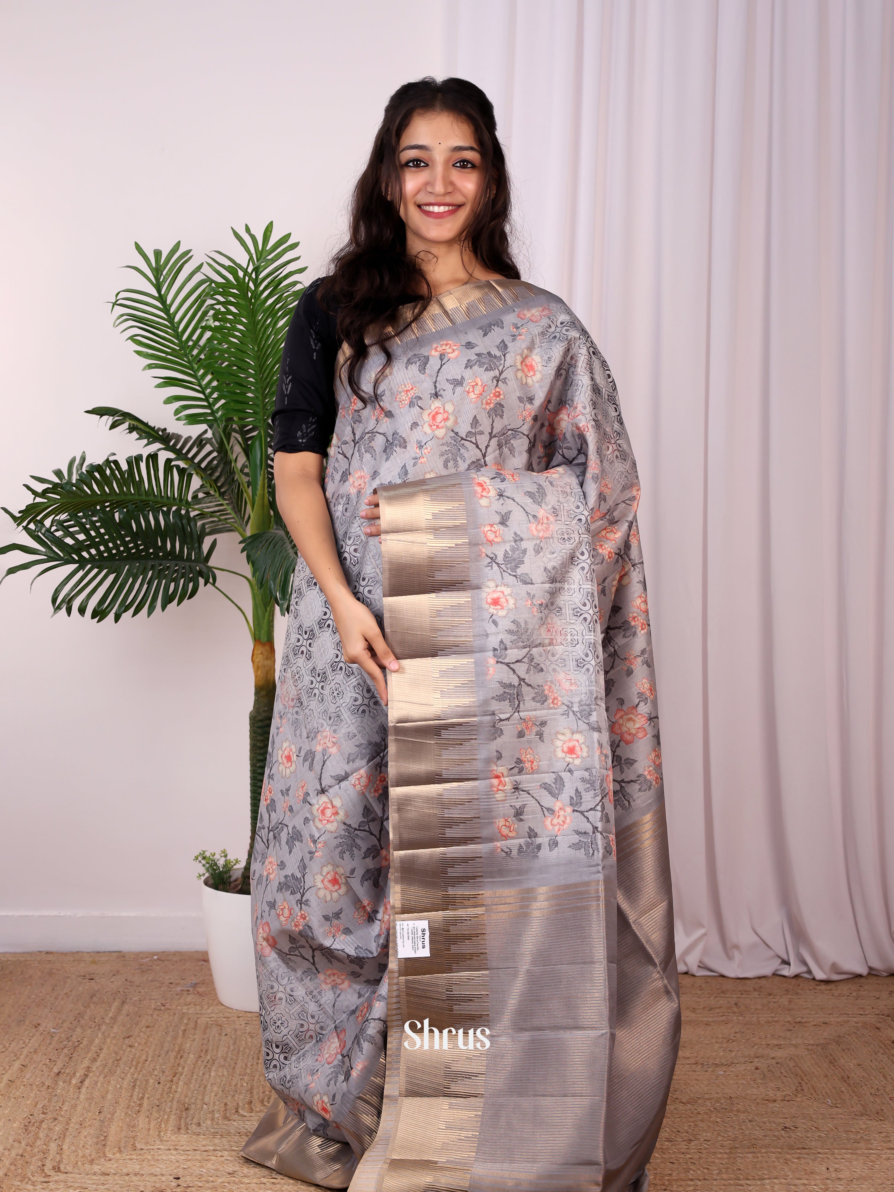 Grey - Semi Tussar Saree - Shop on Shrus.com