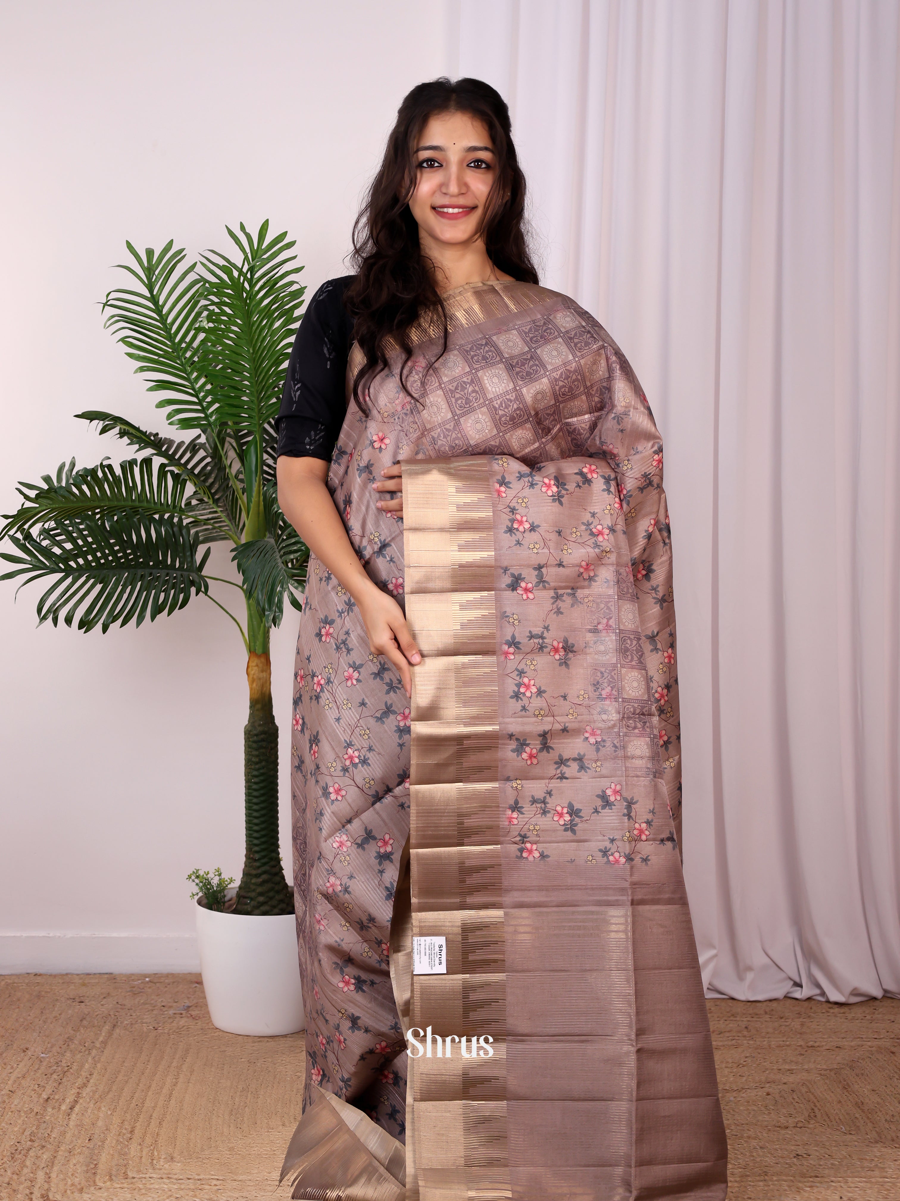 Dusty Brown- Semi Tussar Saree - Shop on Shrus.com