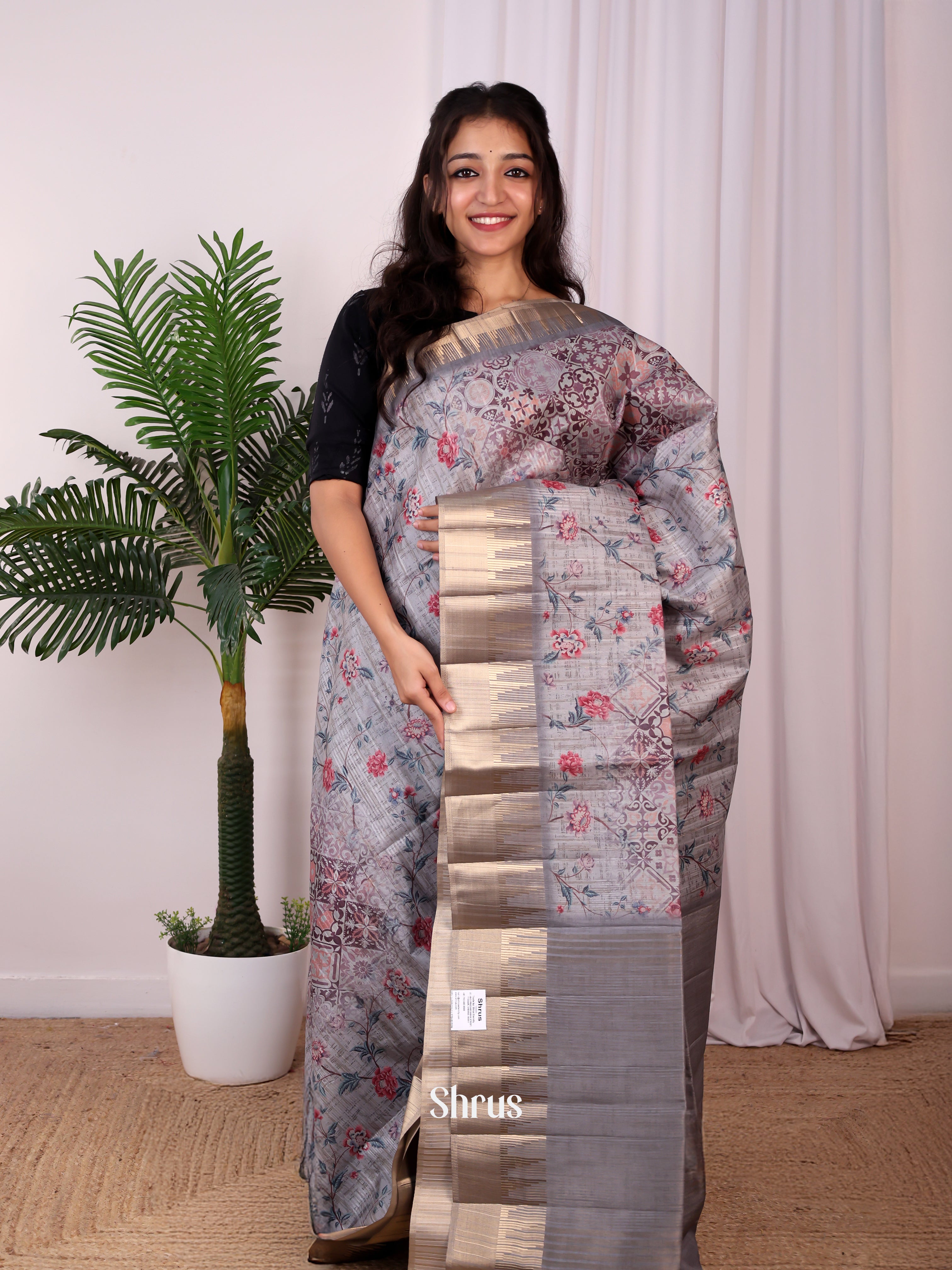 Grey - Semi Tussar Saree - Shop on Shrus.com