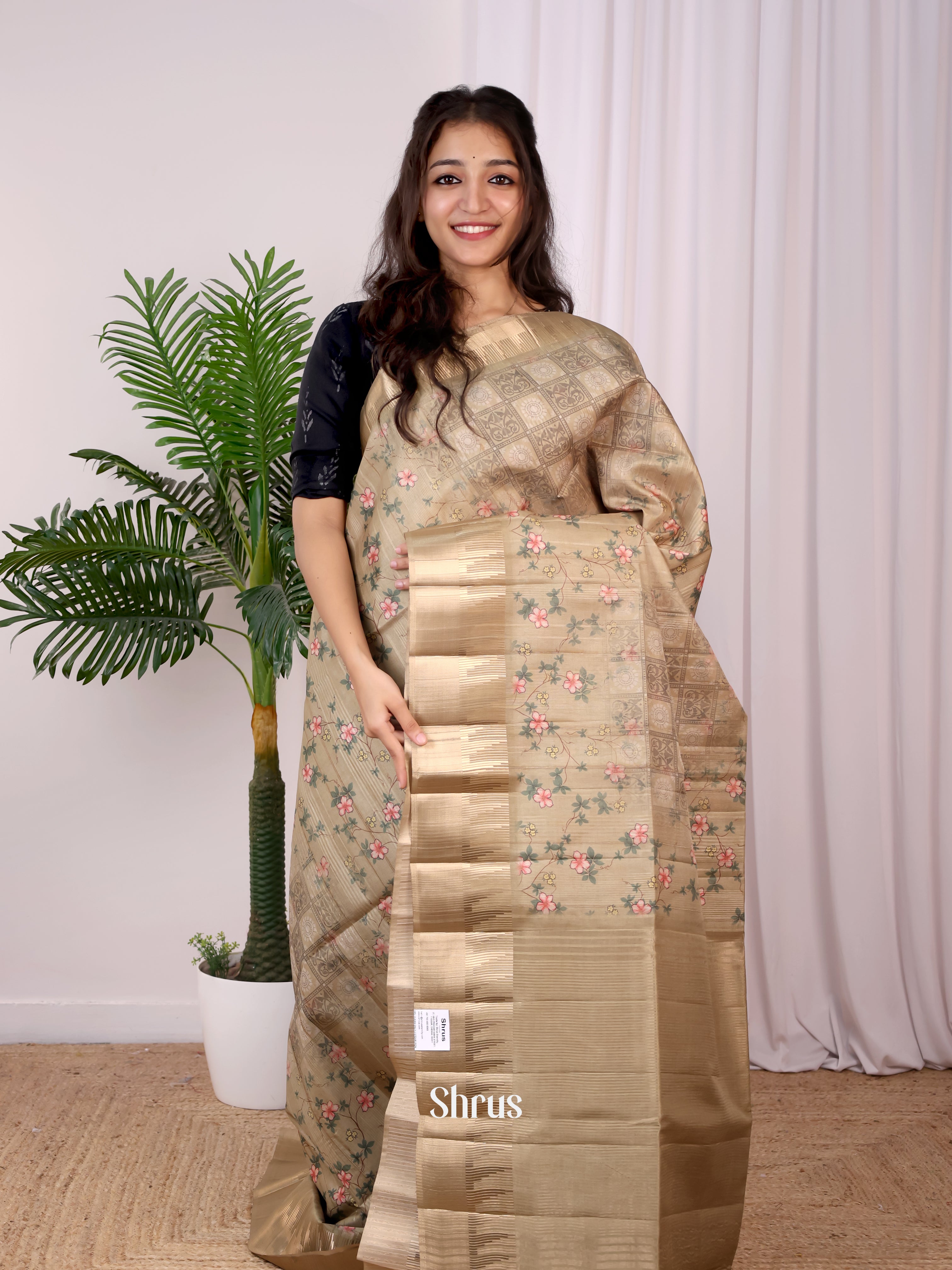 Beige - Semi Tussar Saree - Shop on Shrus.com