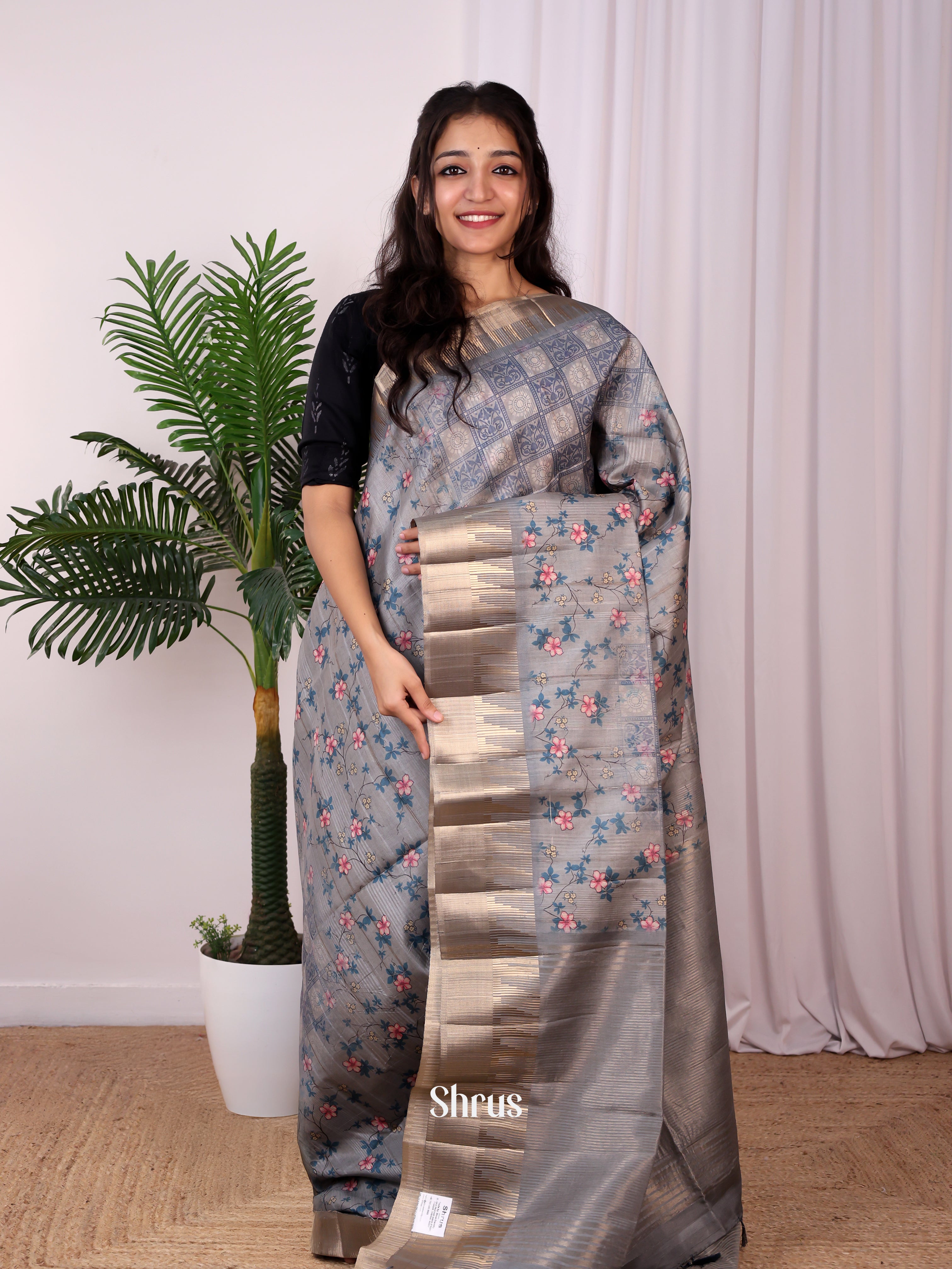 Grey - Semi Tussar Saree - Shop on Shrus.com
