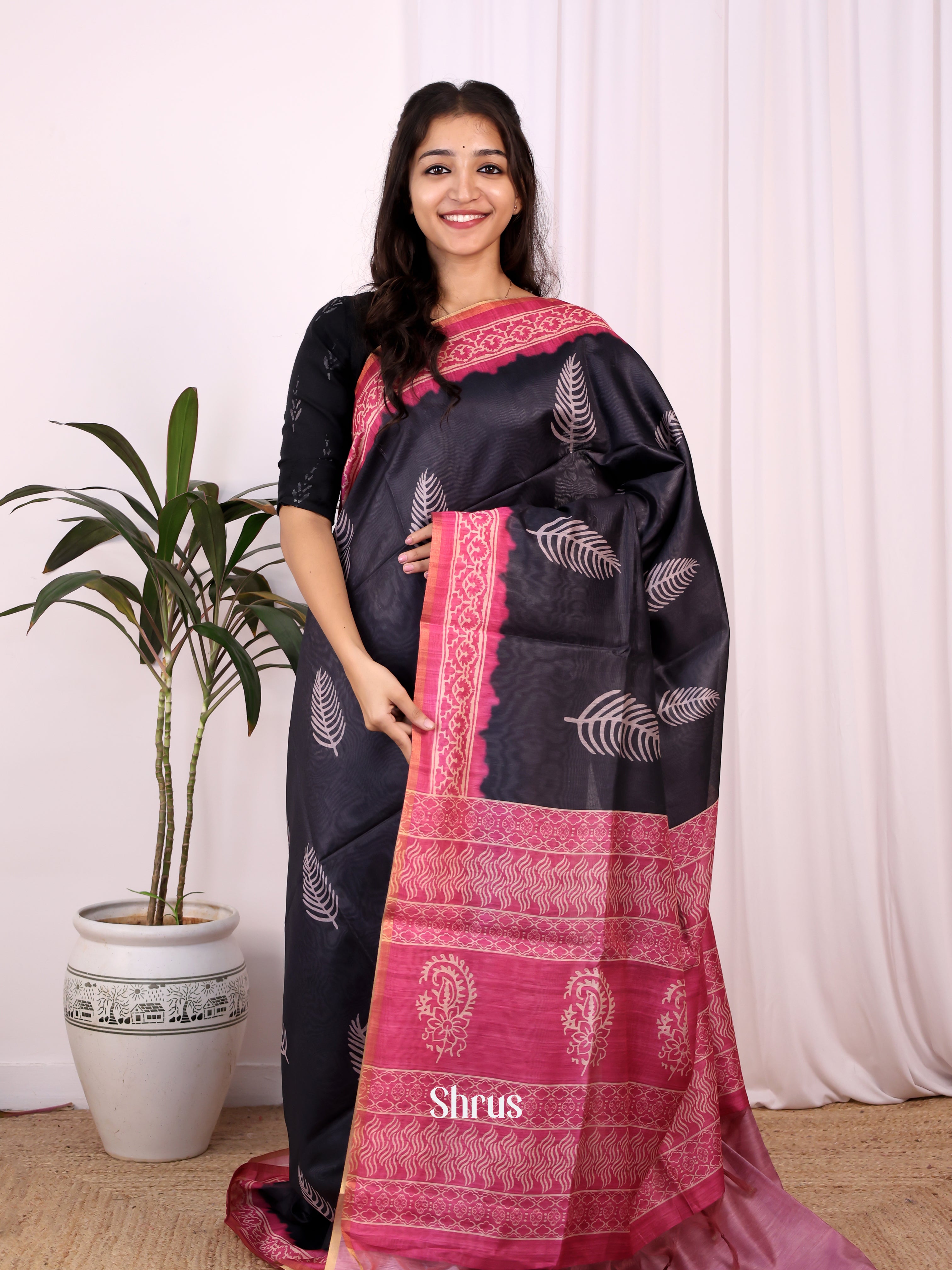 Black & Pink- Champa semitussar Saree - Shop on Shrus.com