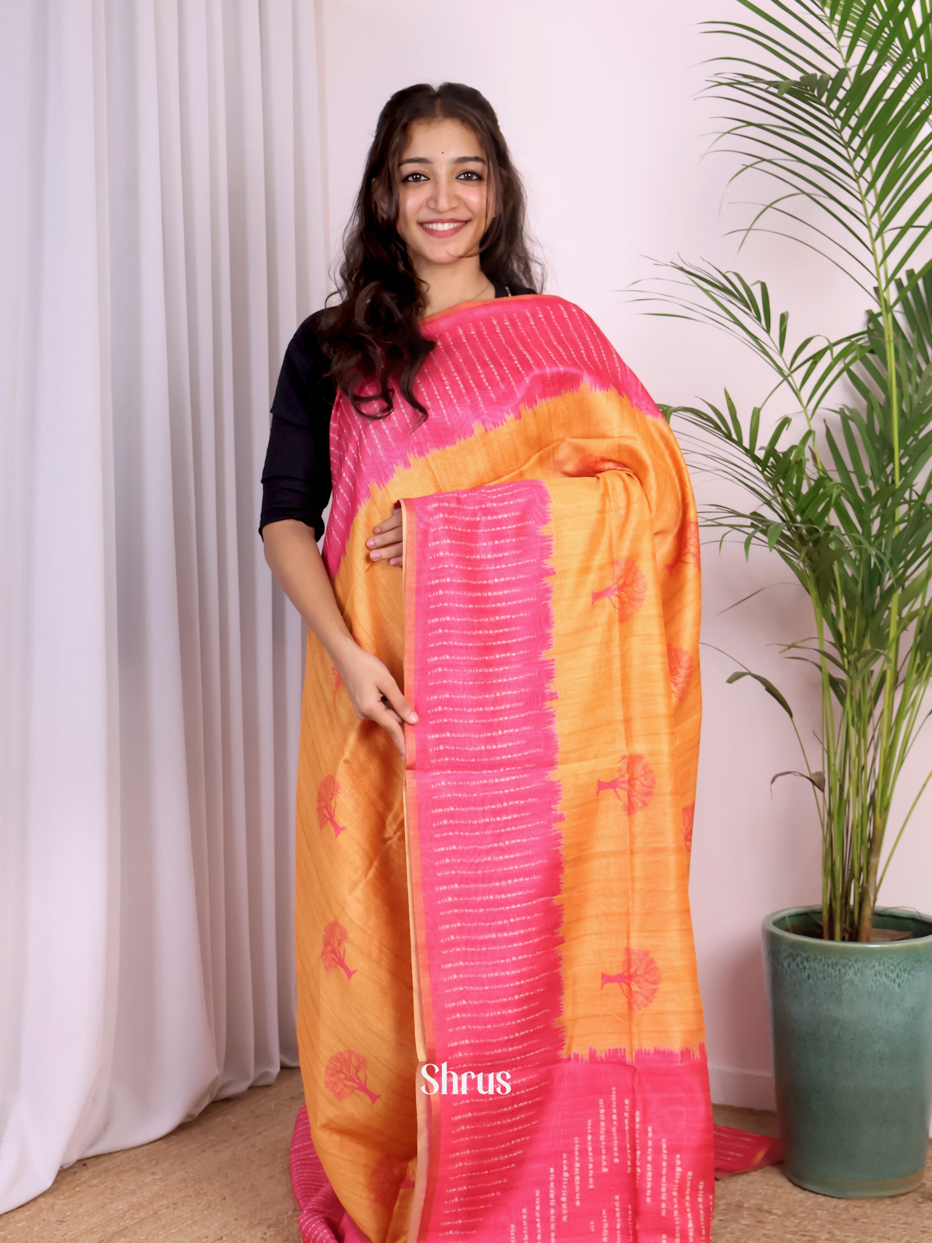 Mustard & Pink- Champa semitussar Saree - Shop on Shrus.com