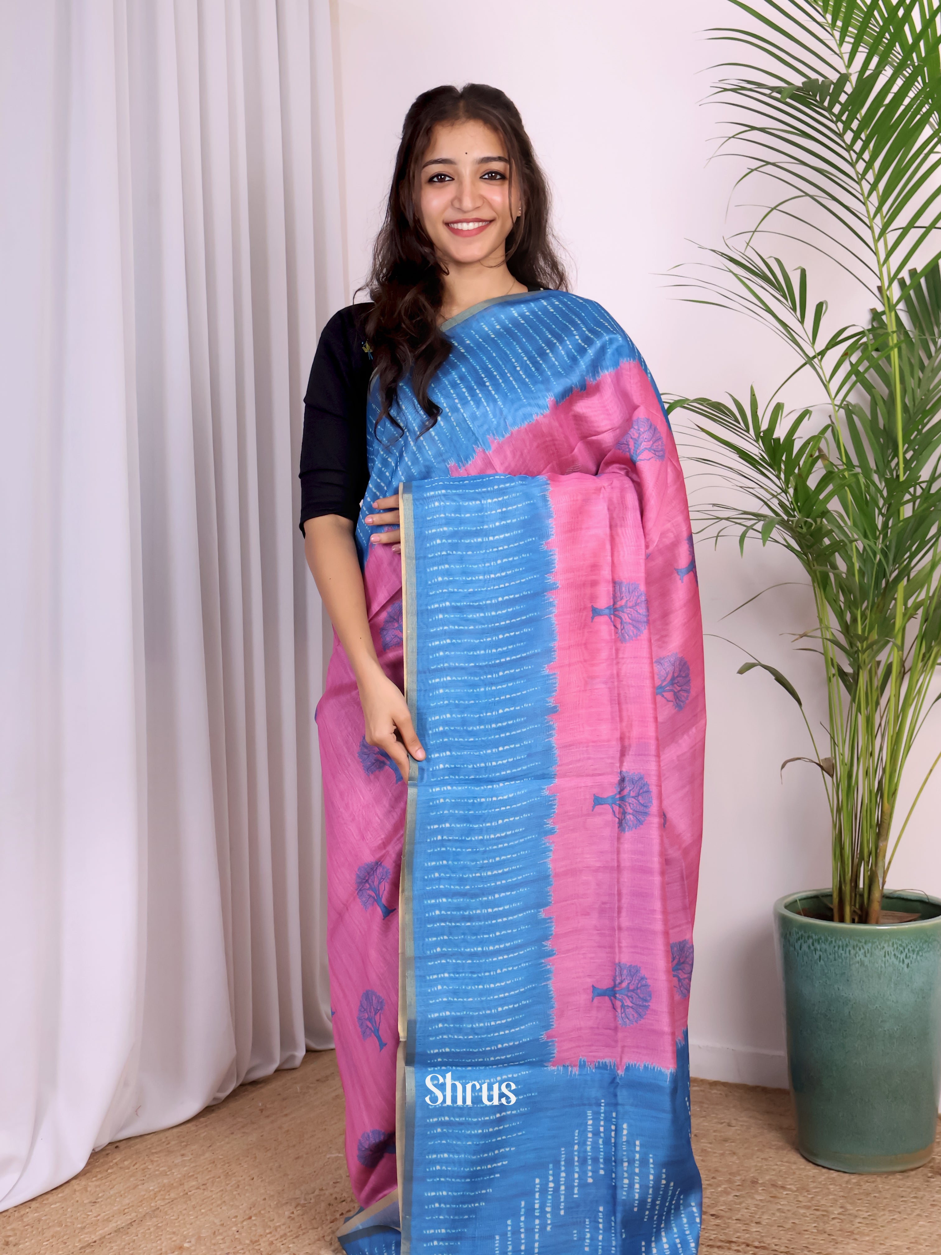 Pink & Blue - Champa semitussar Saree - Shop on Shrus.com