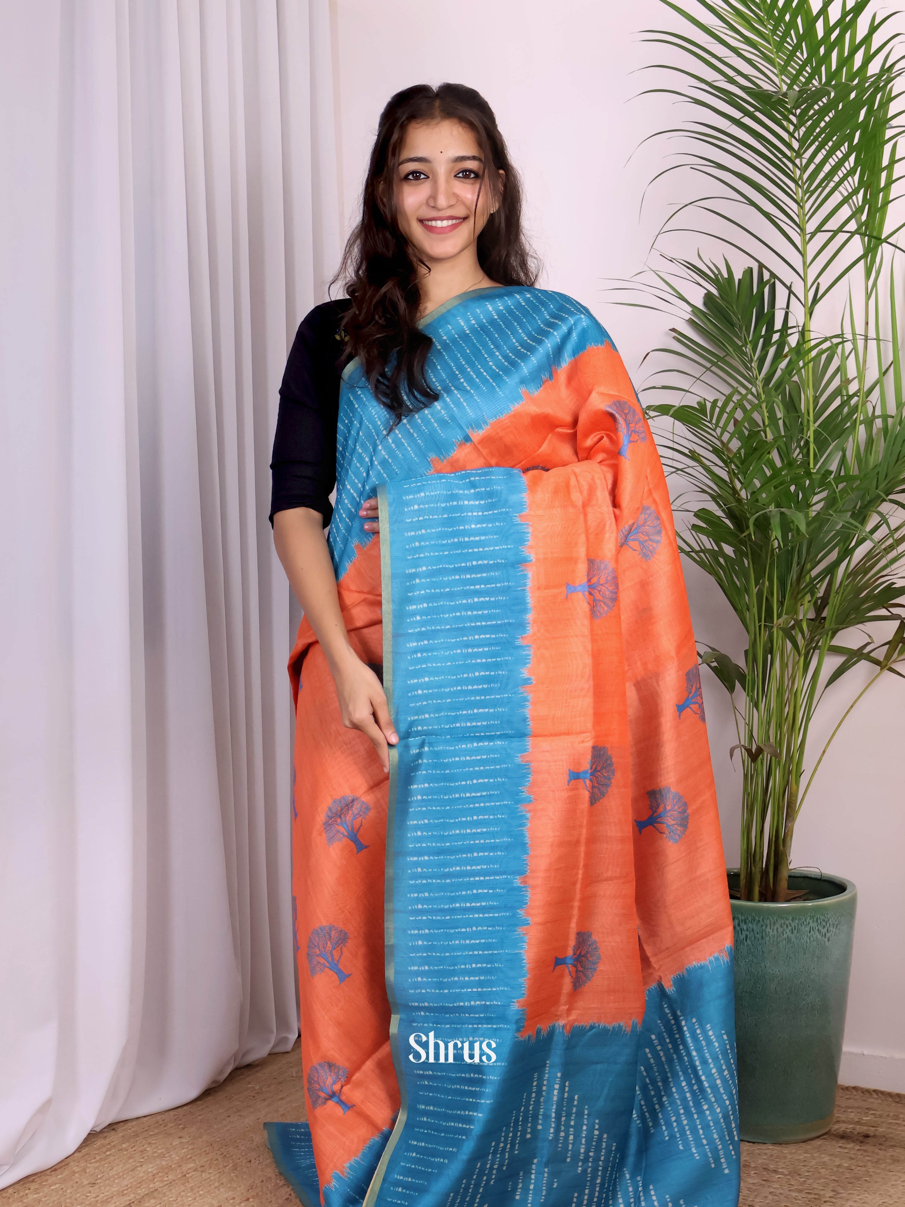 Orange & Blue - Champa semitussar Saree - Shop on Shrus.com