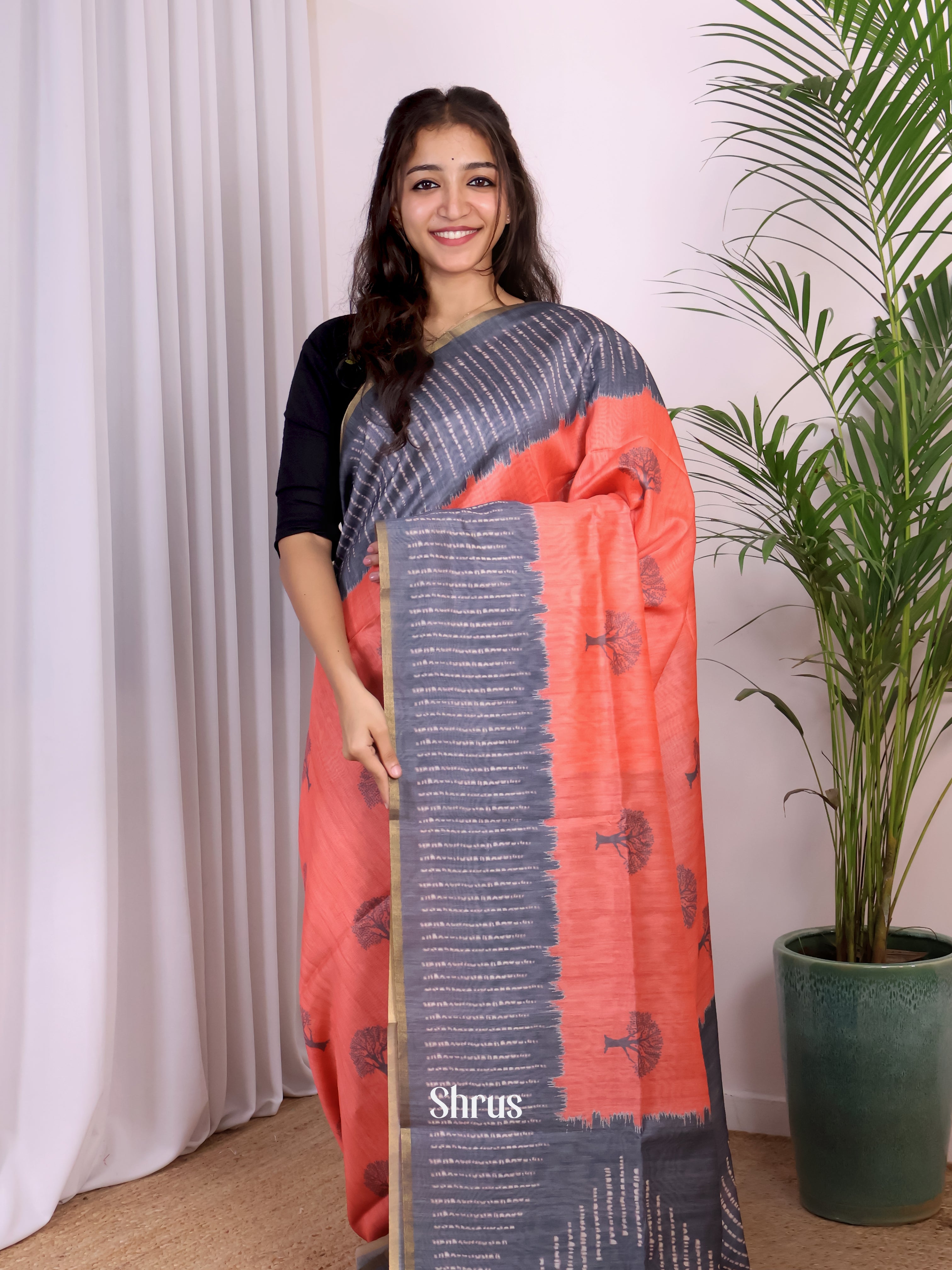 Red & Grey - Champa semitussar Saree - Shop on Shrus.com