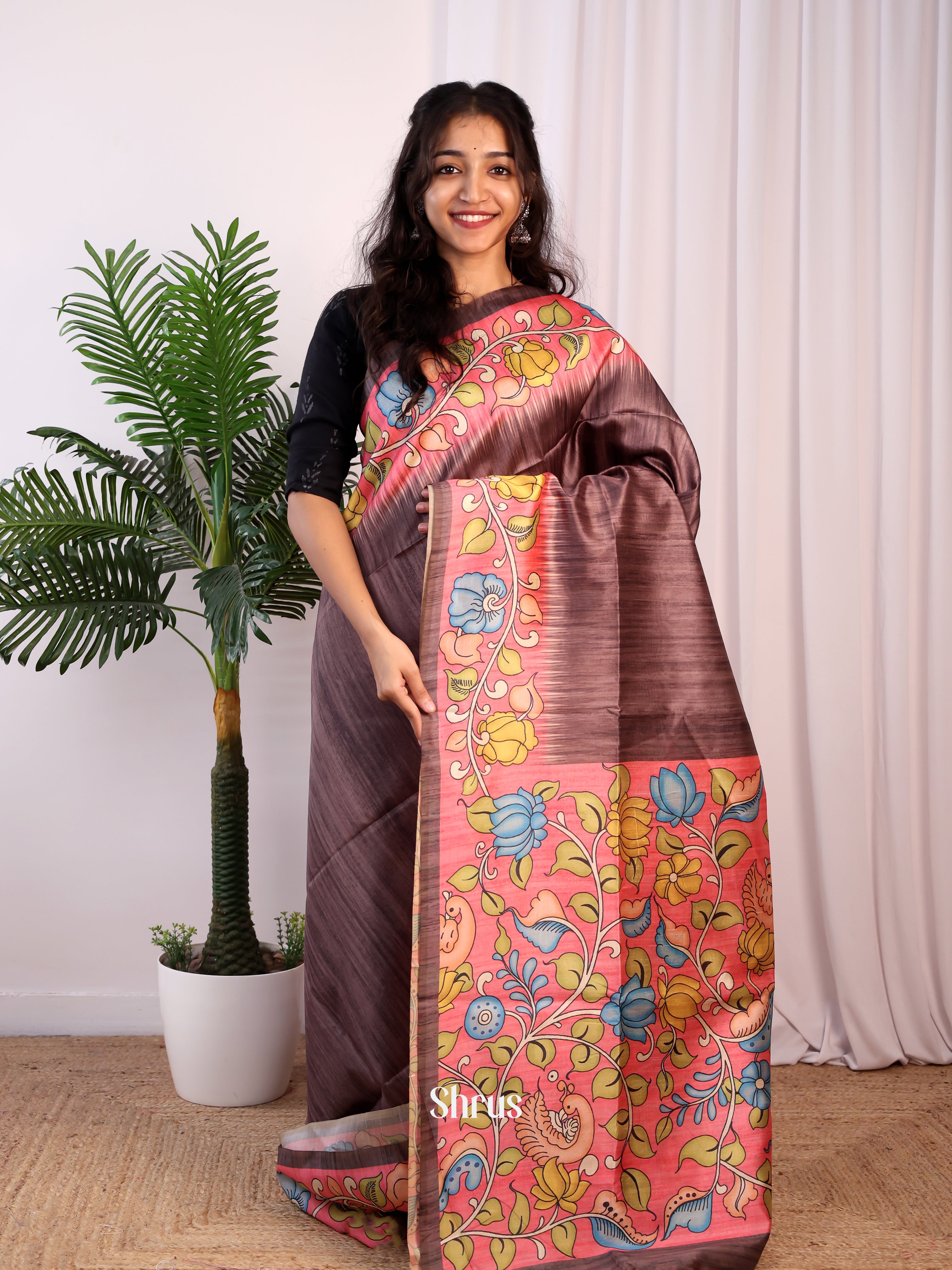 Brown & Pink - Champa semitussar Saree - Shop on Shrus.com