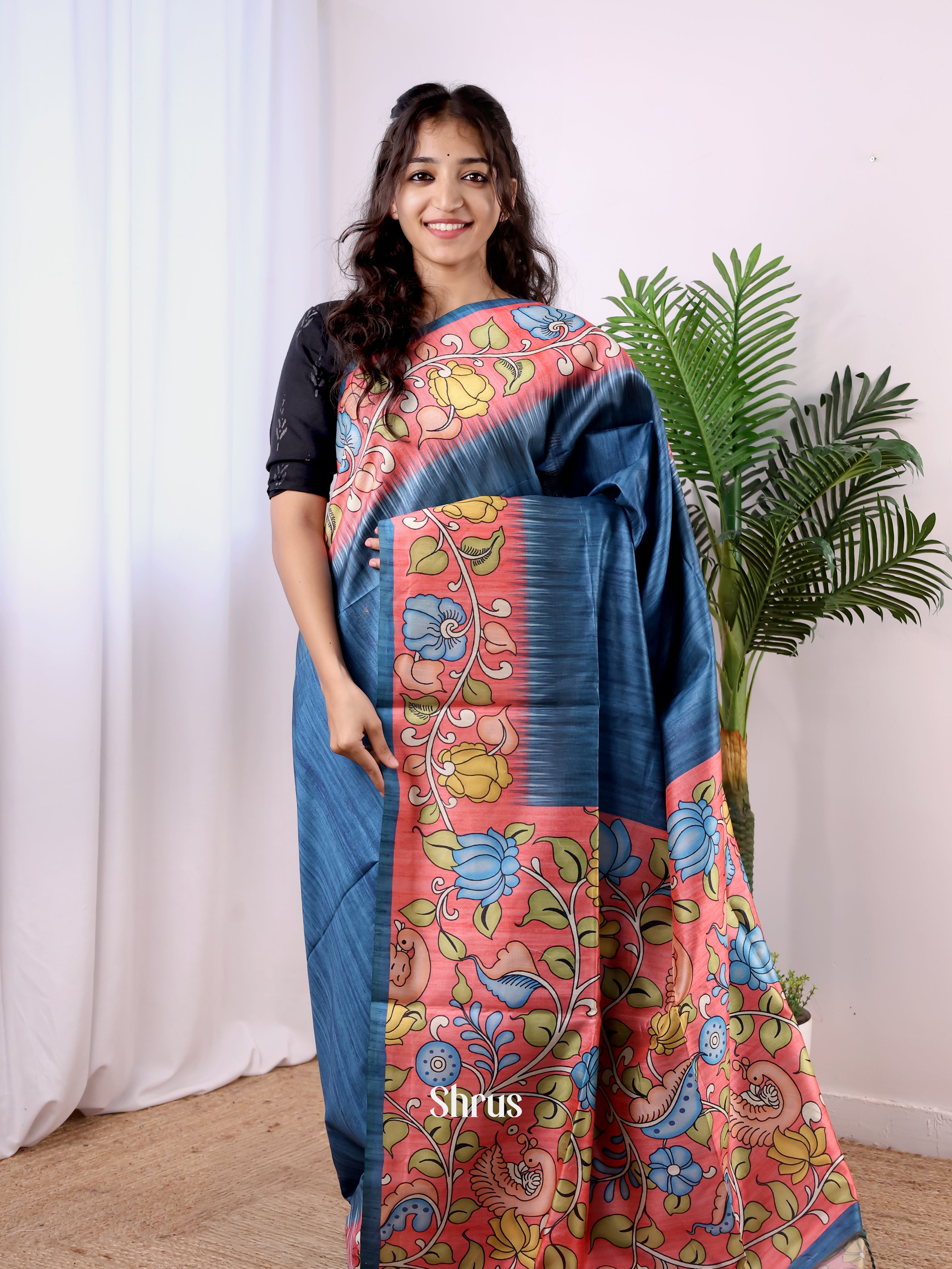Blue & Red- Champa semitussar Saree - Shop on Shrus.com