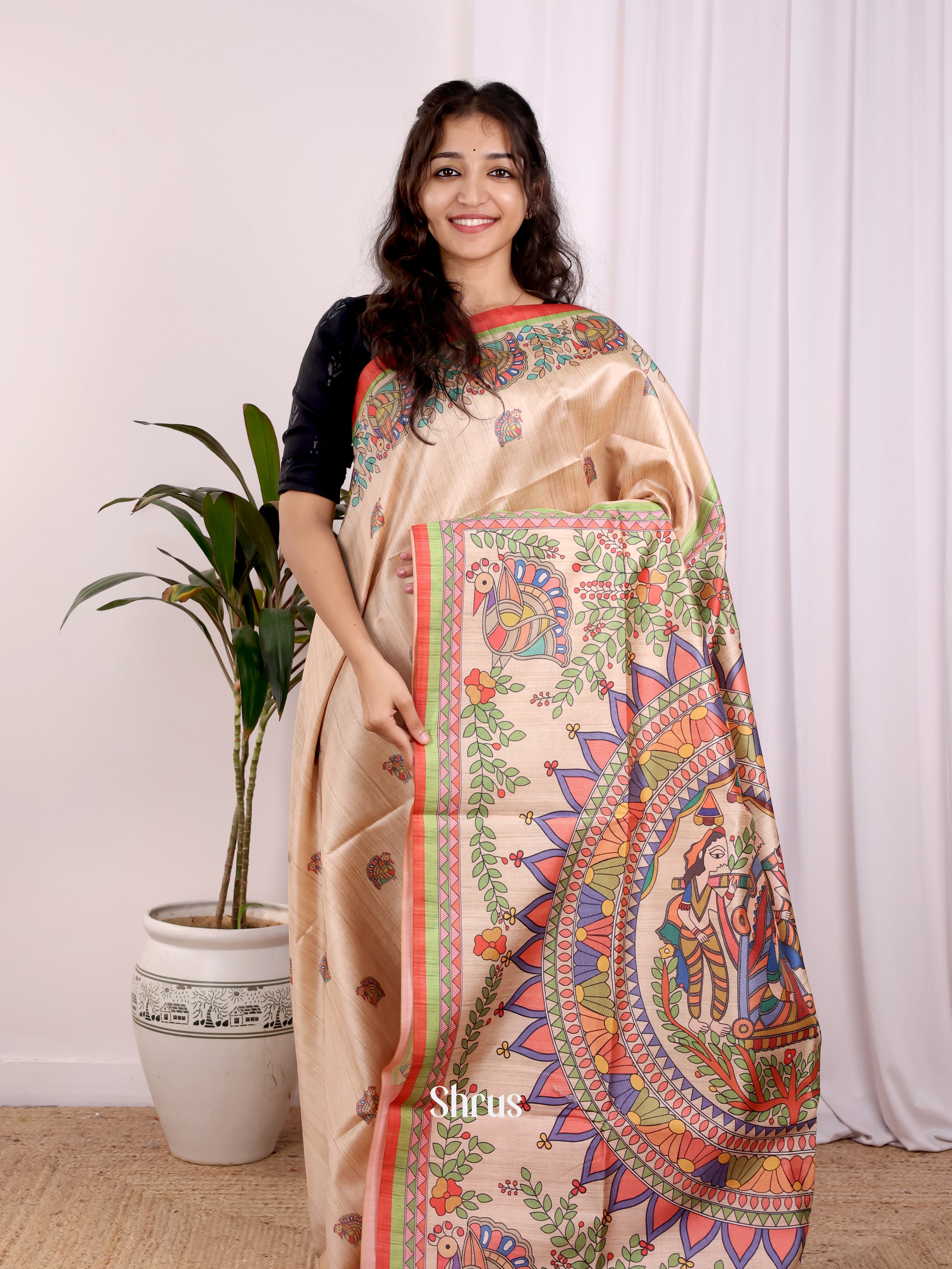 Beige & Red- Champa semitussar Saree - Shop on Shrus.com