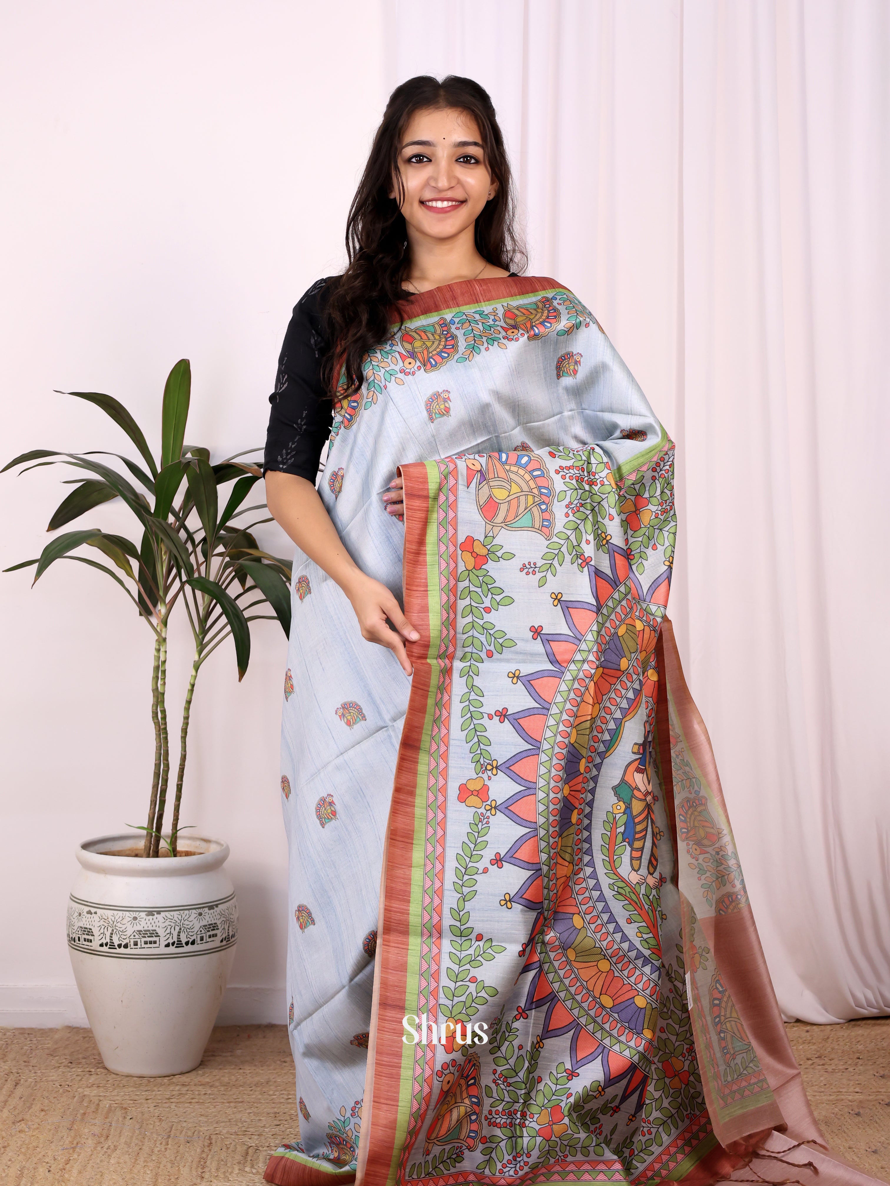 Blue & Brown - Champa semitussar Saree - Shop on Shrus.com