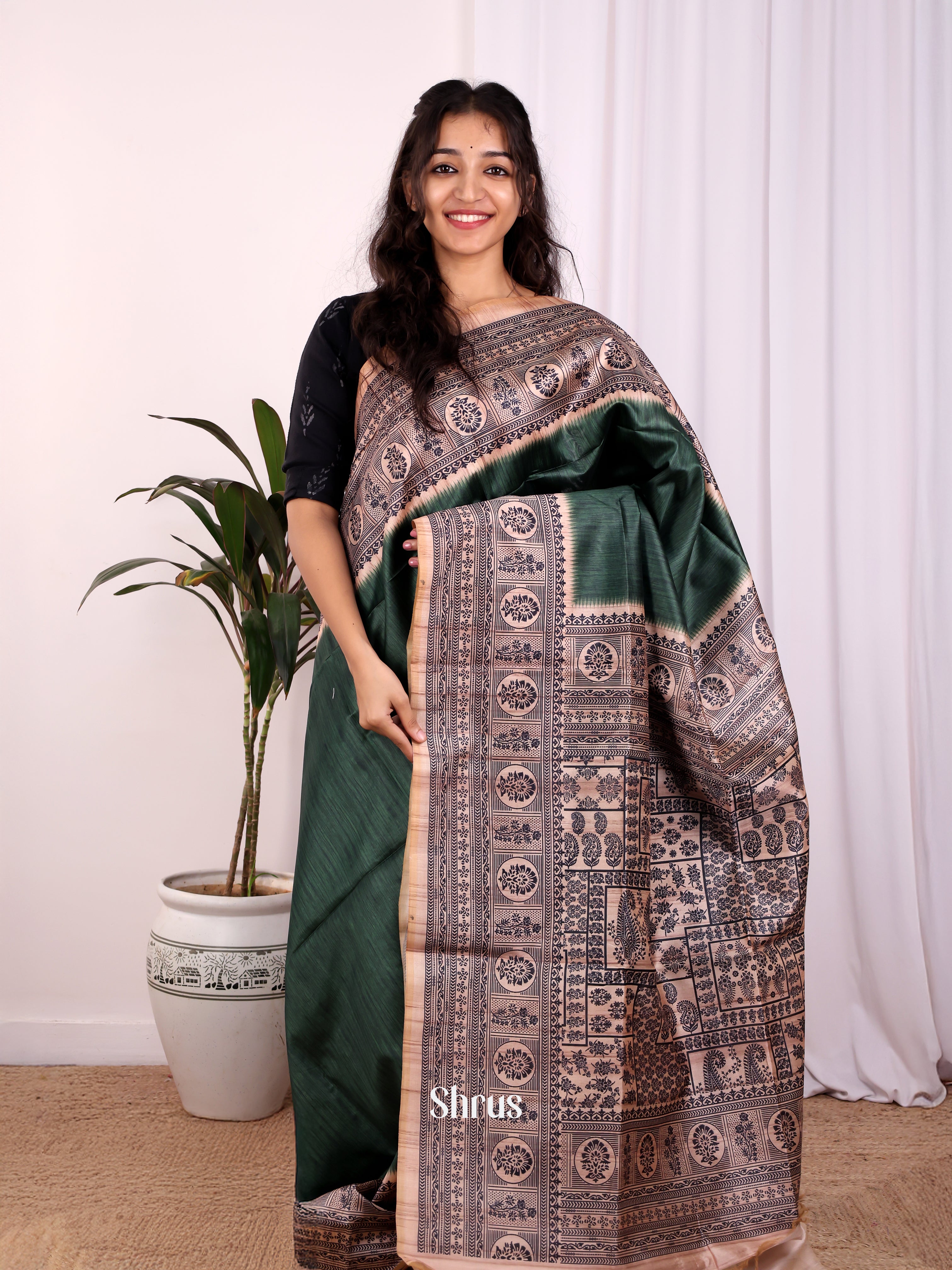 Green & Lite Brown- Champa semitussar Saree - Shop on Shrus.com
