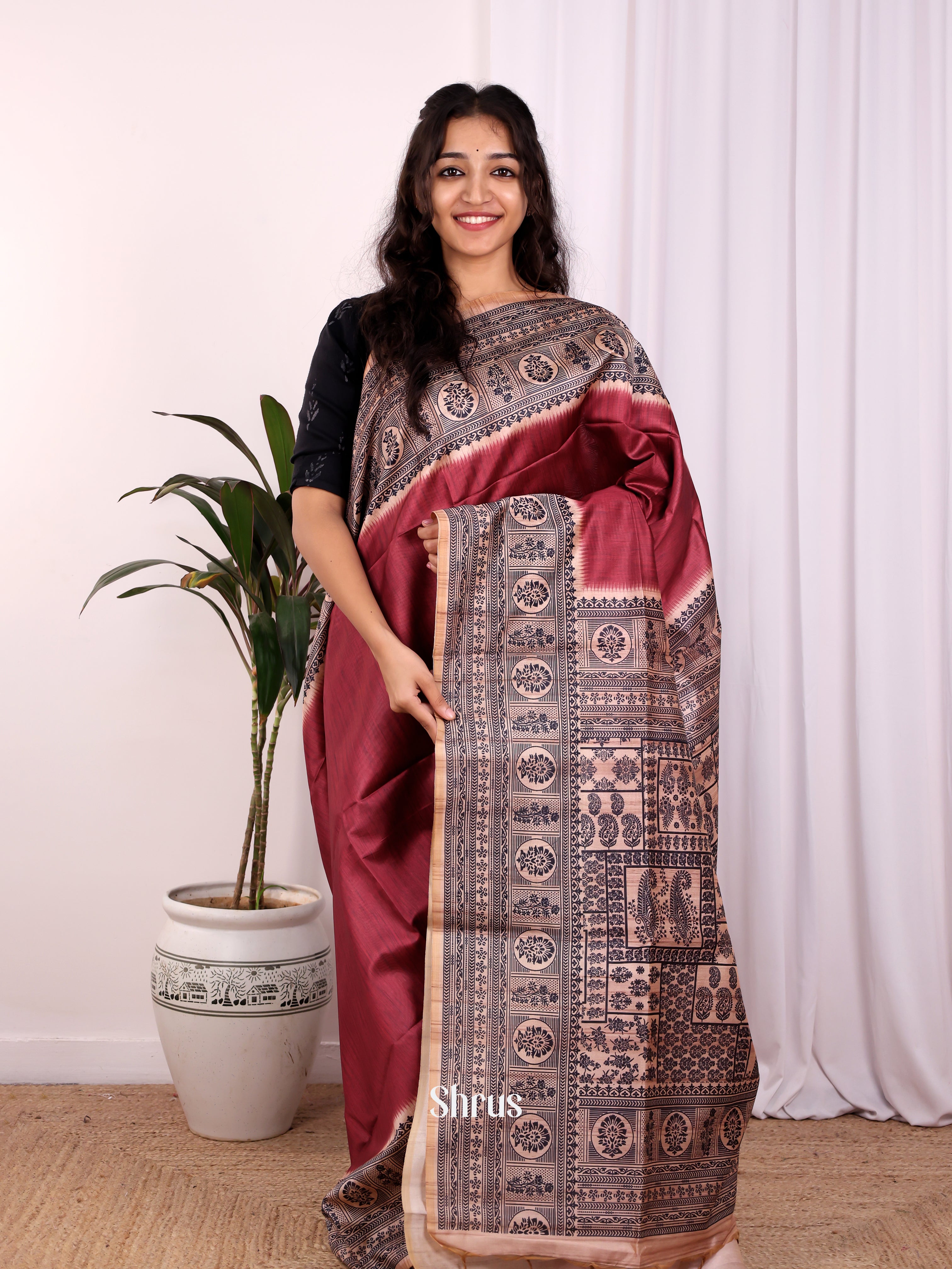Maroon & Lite Brown - Champa semitussar Saree - Shop on Shrus.com