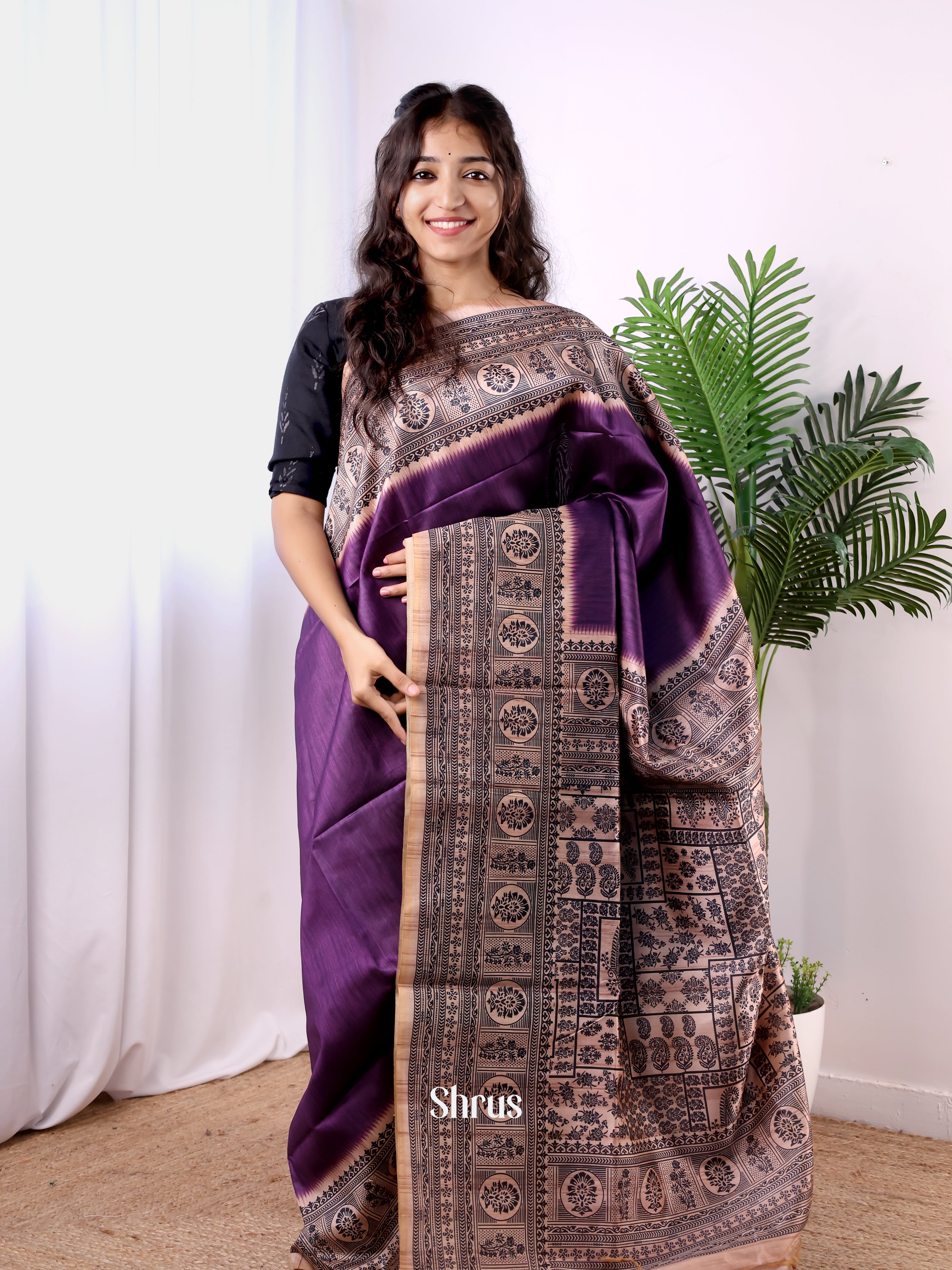 Violet & Lite brown - Champa semitussar Saree - Shop on Shrus.com