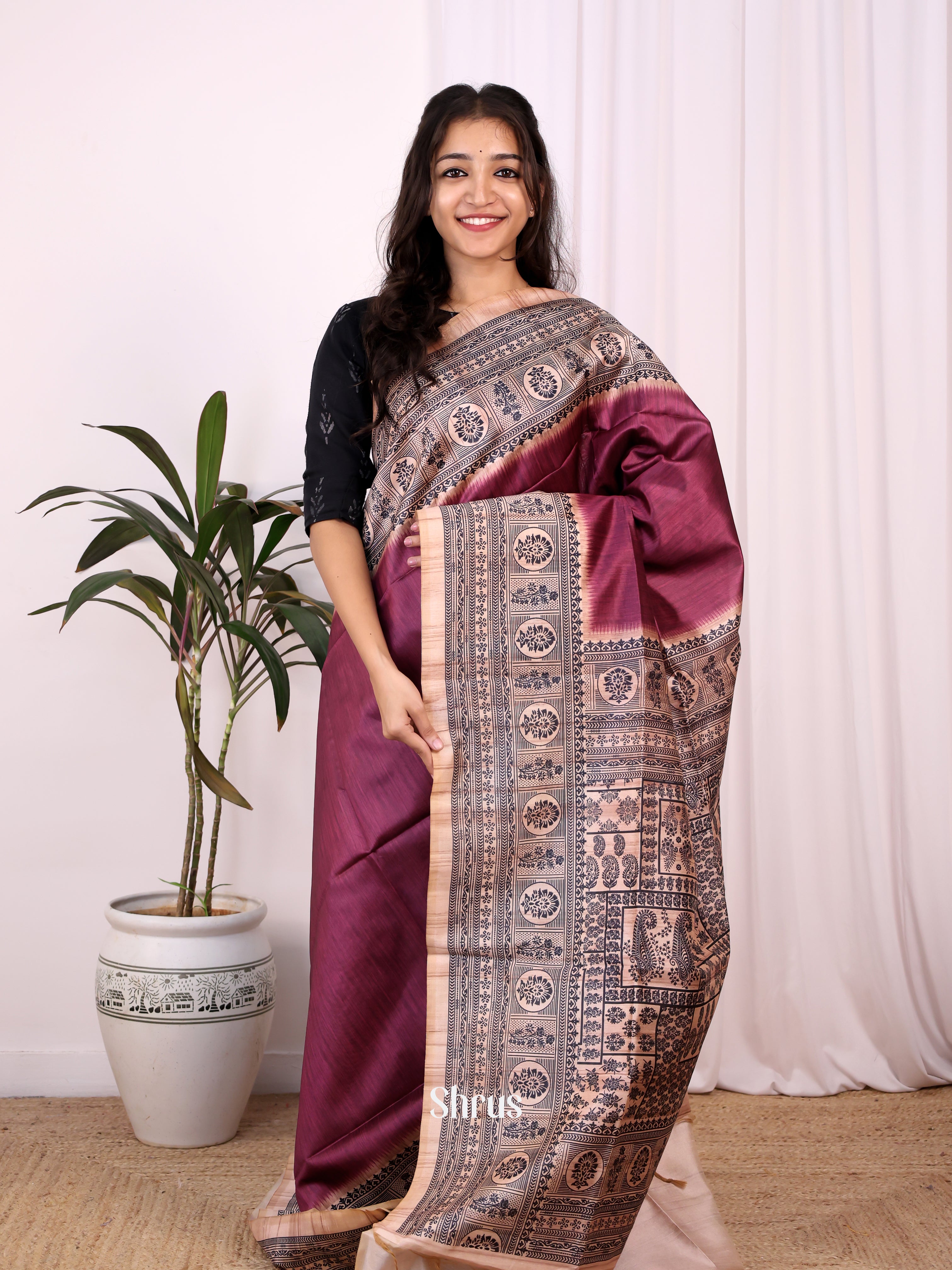 Wine & Lite Brown - Champa semitussar Saree - Shop on Shrus.com