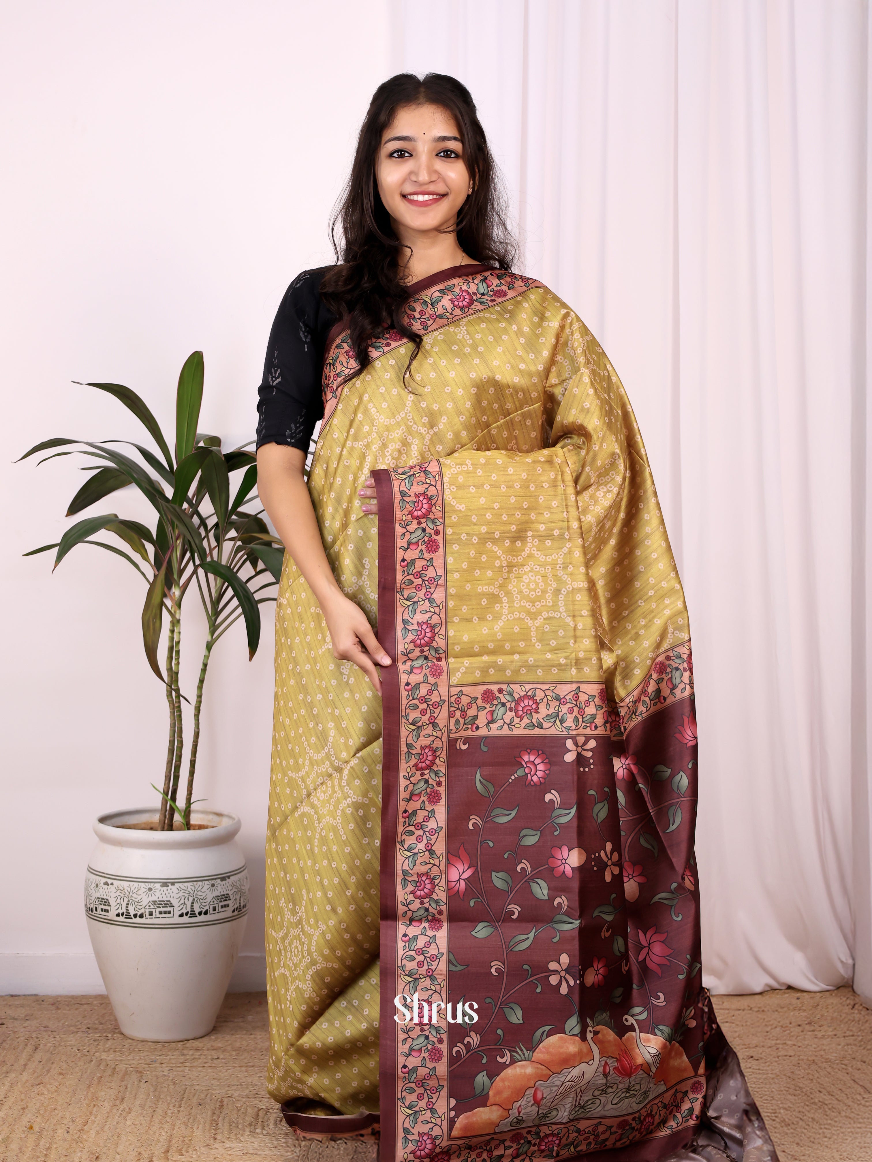 Green & Brown - Champa semitussar Saree - Shop on Shrus.com