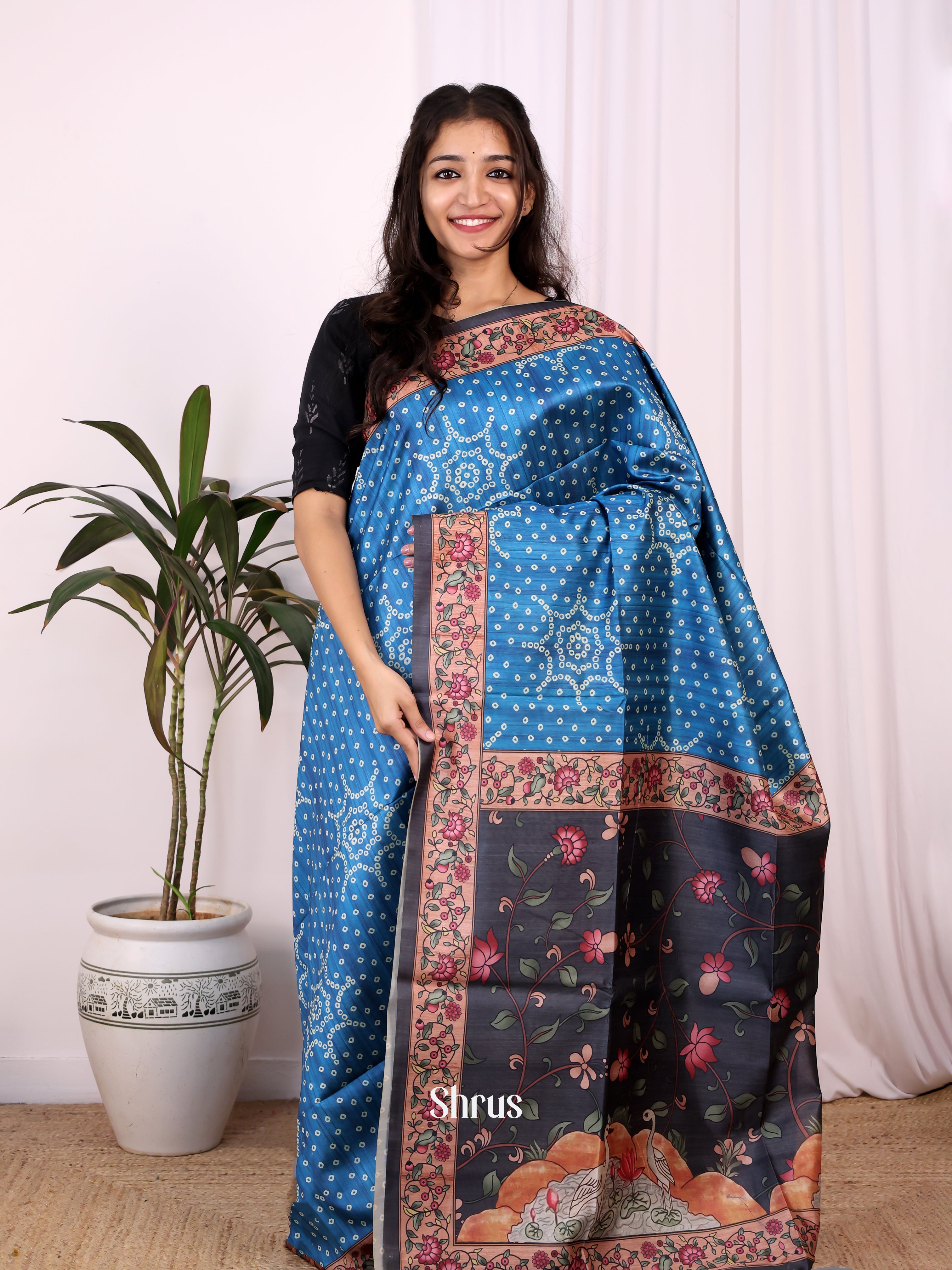 Blue & Black- Champa semitussar Saree - Shop on Shrus.com