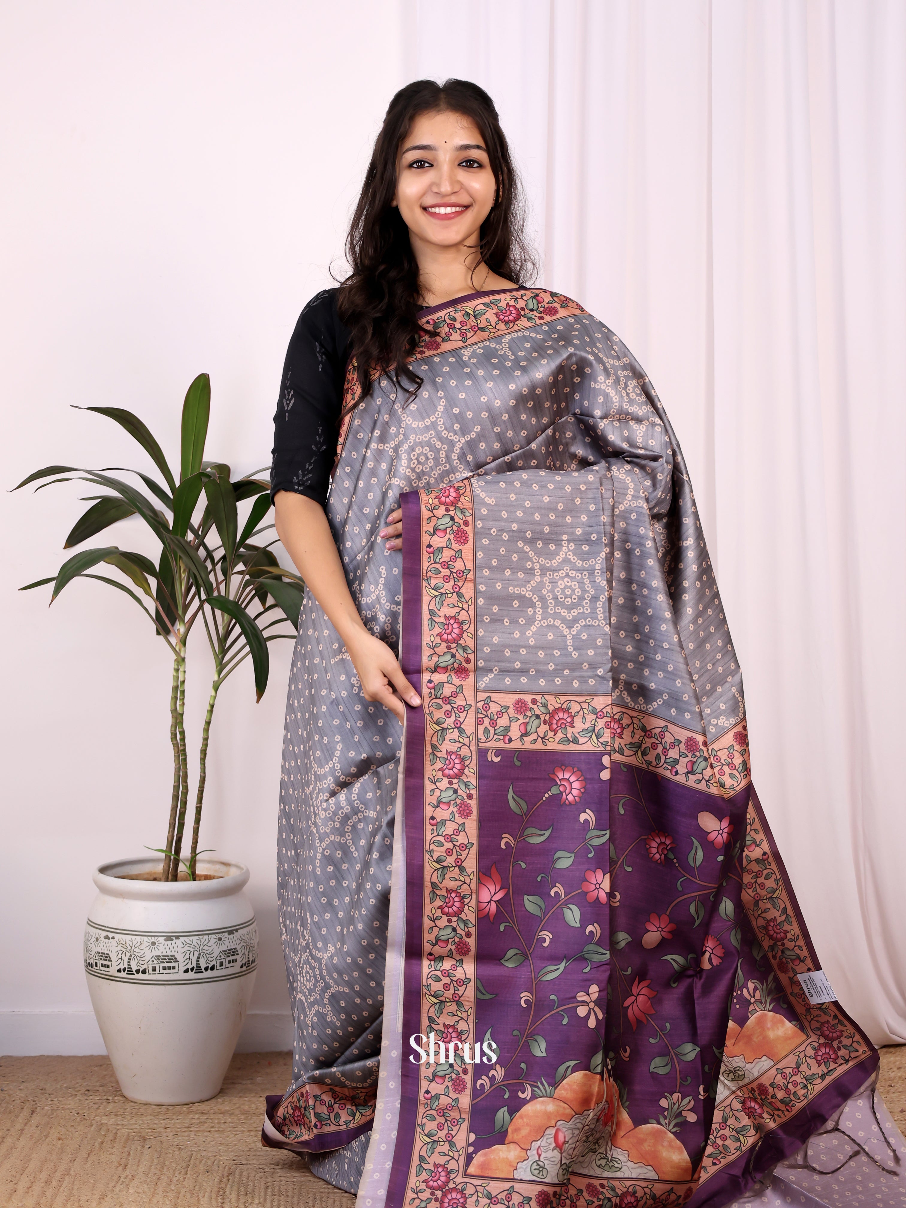Grey & Purple - Champa semitussar Saree - Shop on Shrus.com