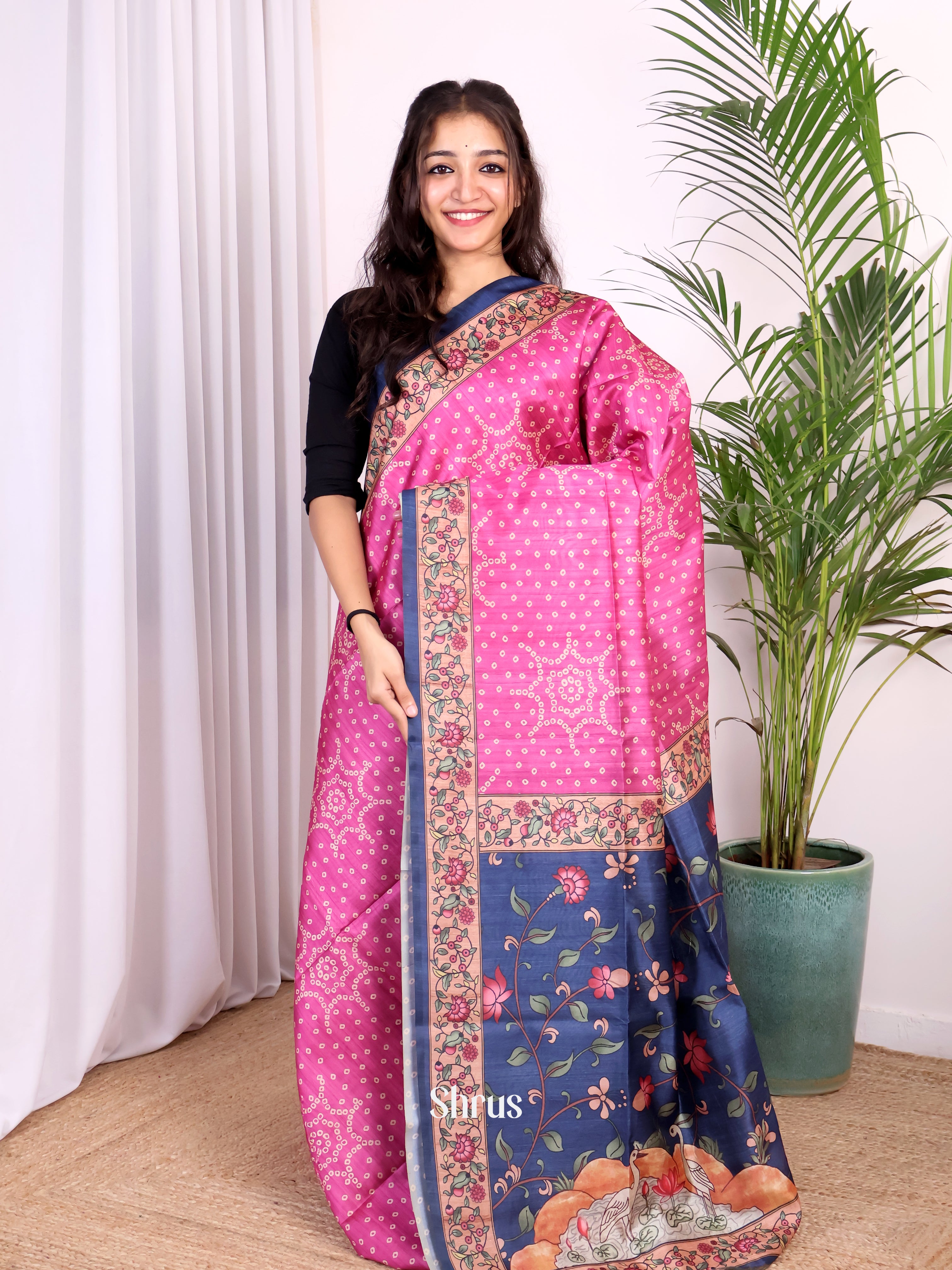 Pink & Blue- Champa semitussar Saree - Shop on Shrus.com