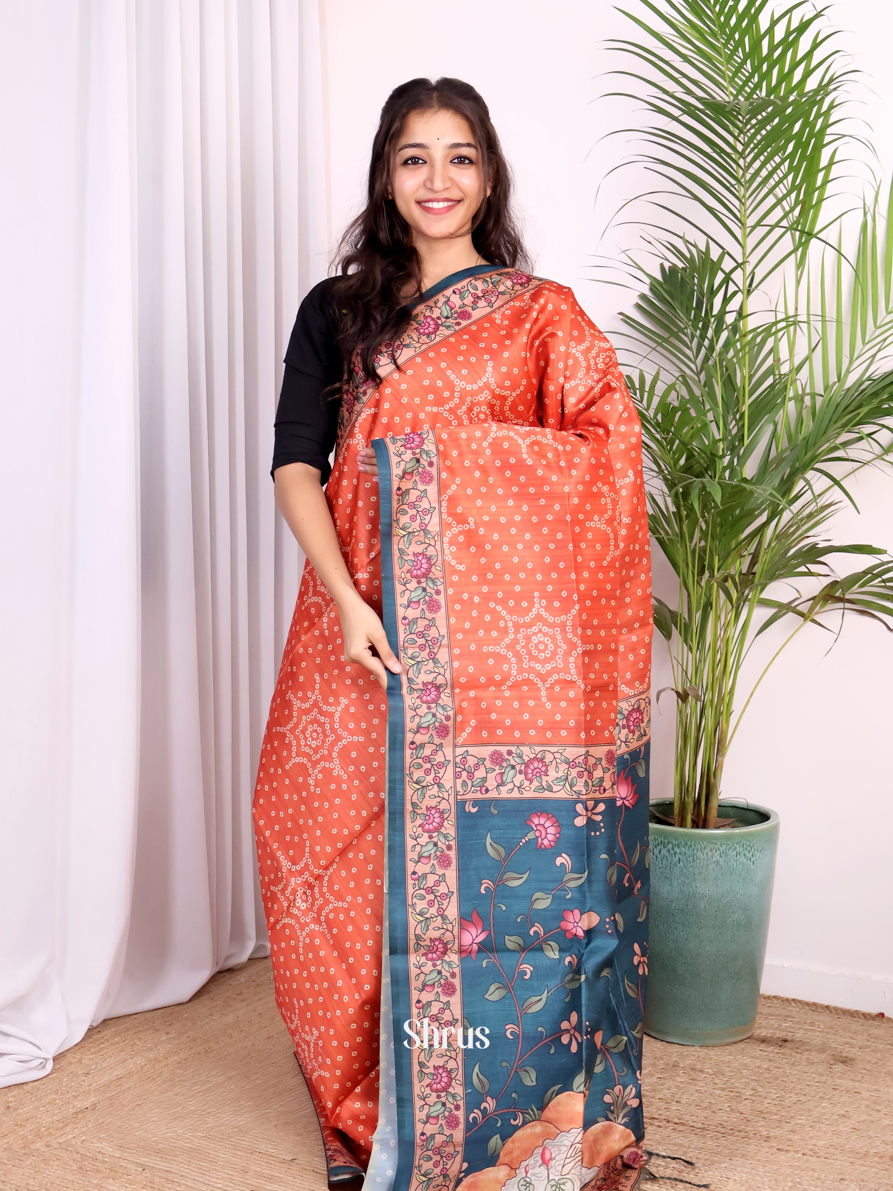 Orange & Green- Champa semitussar Saree - Shop on Shrus.com