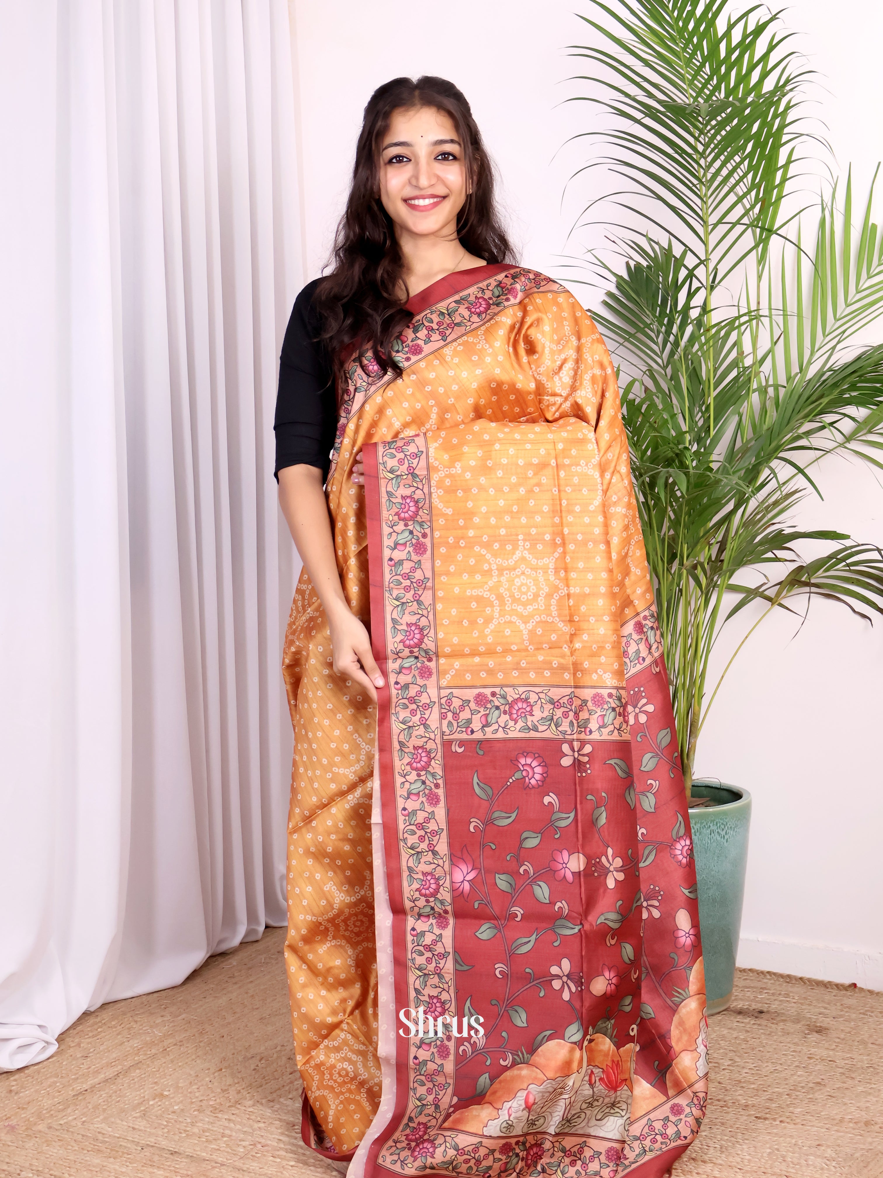 Orange & Maroon - Champa semitussar Saree - Shop on Shrus.com
