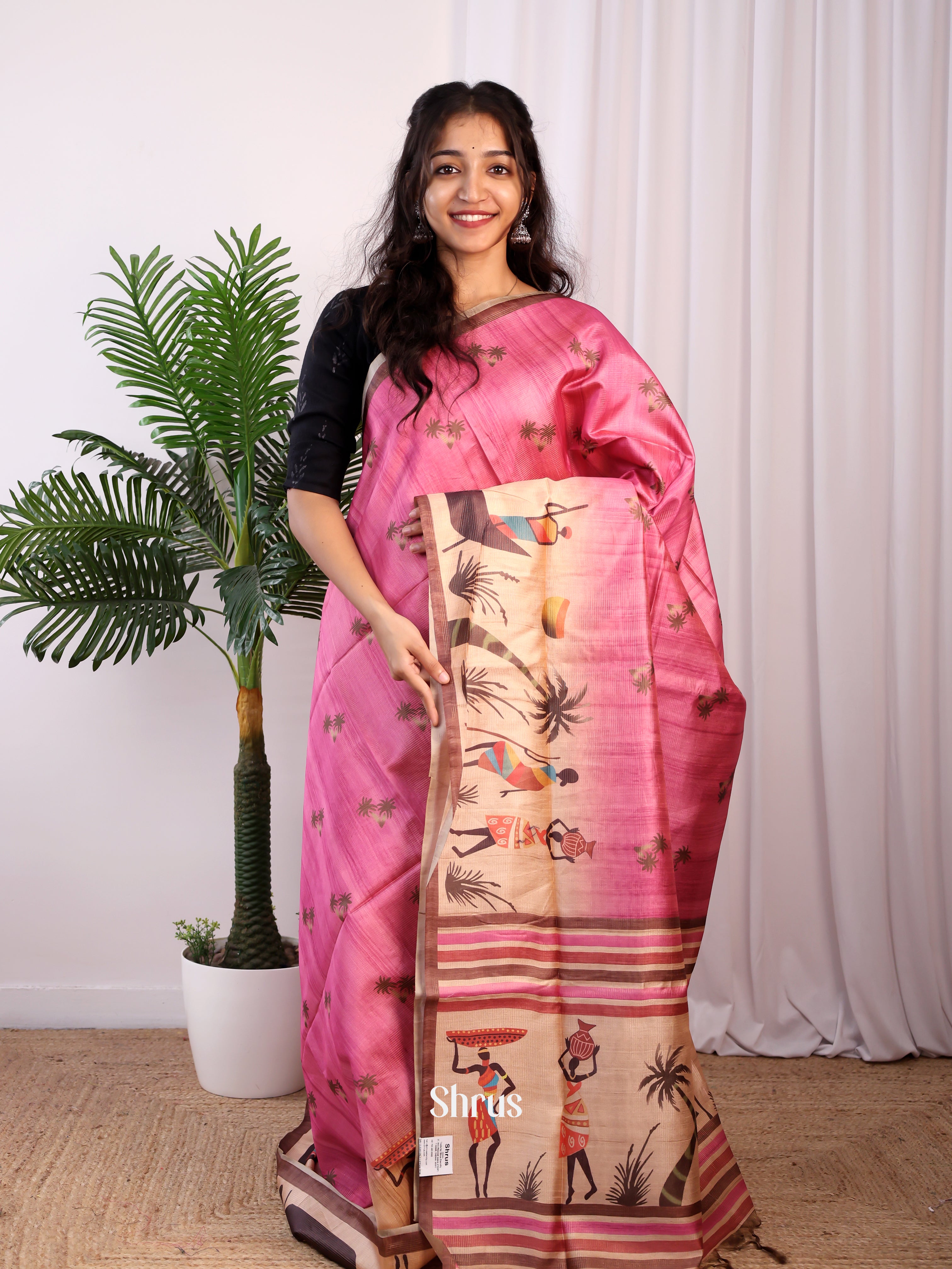 Pink & Brown - Champa semitussar Saree - Shop on Shrus.com