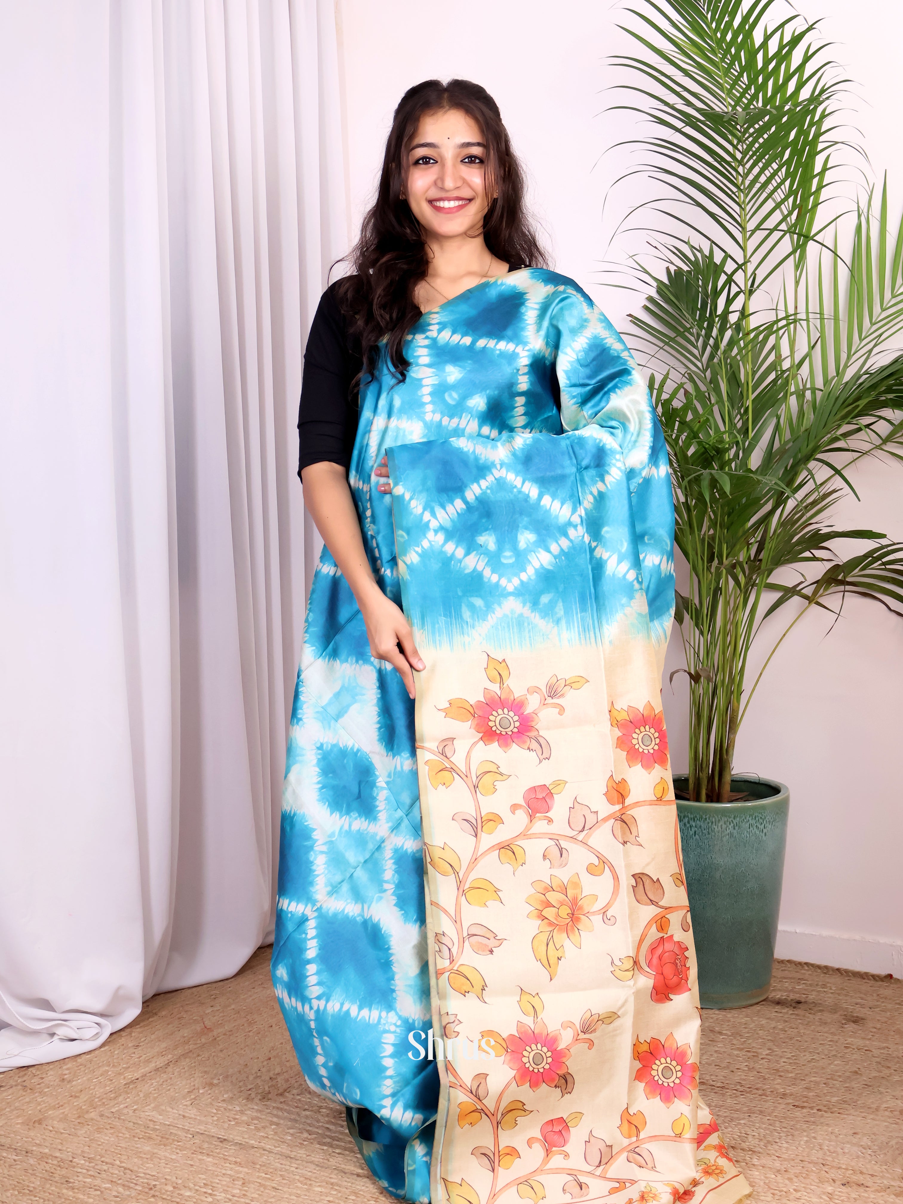 Blue & Cream - Champa semitussar Saree - Shop on Shrus.com