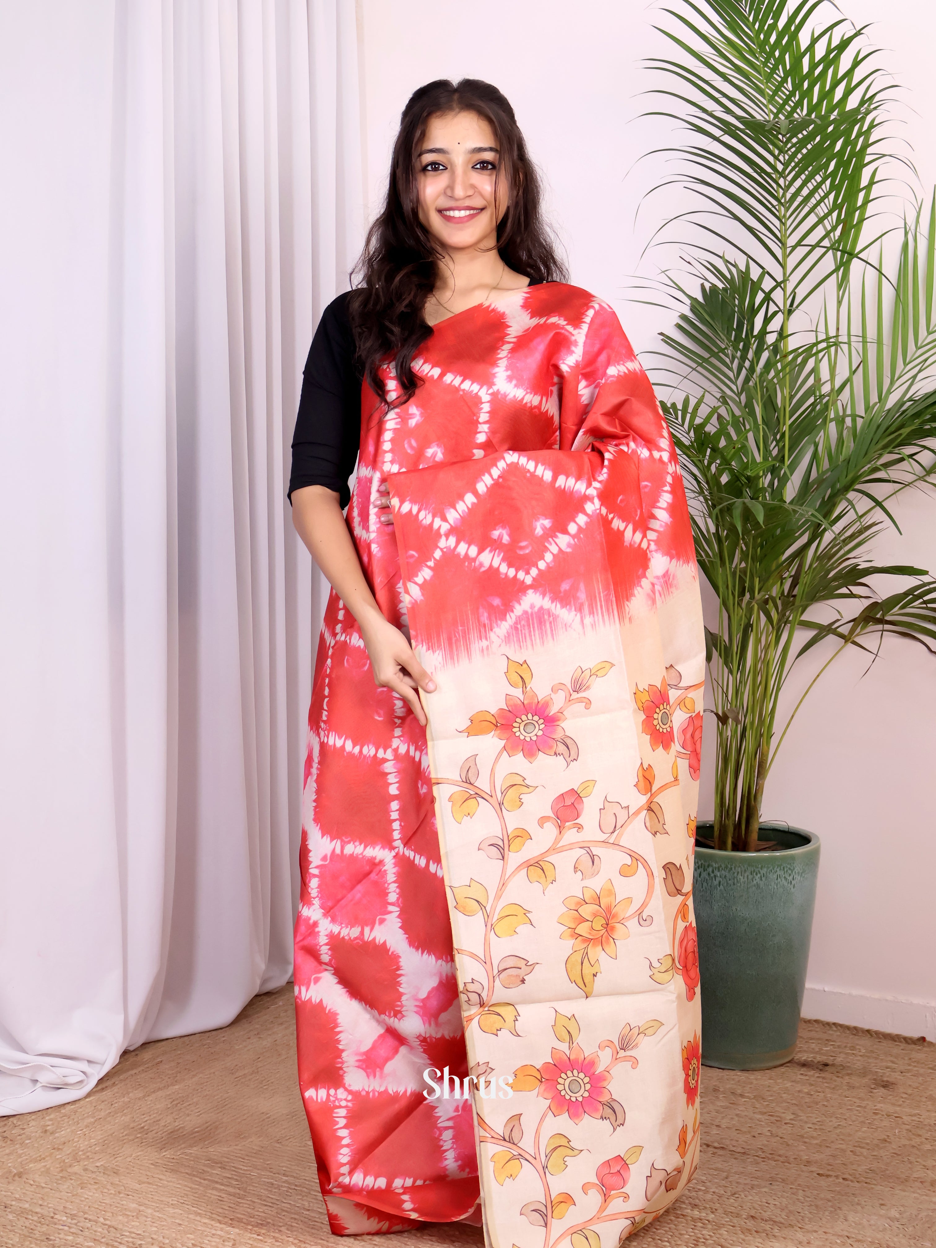 red & cream- Champa semitussar Saree - Shop on Shrus.com