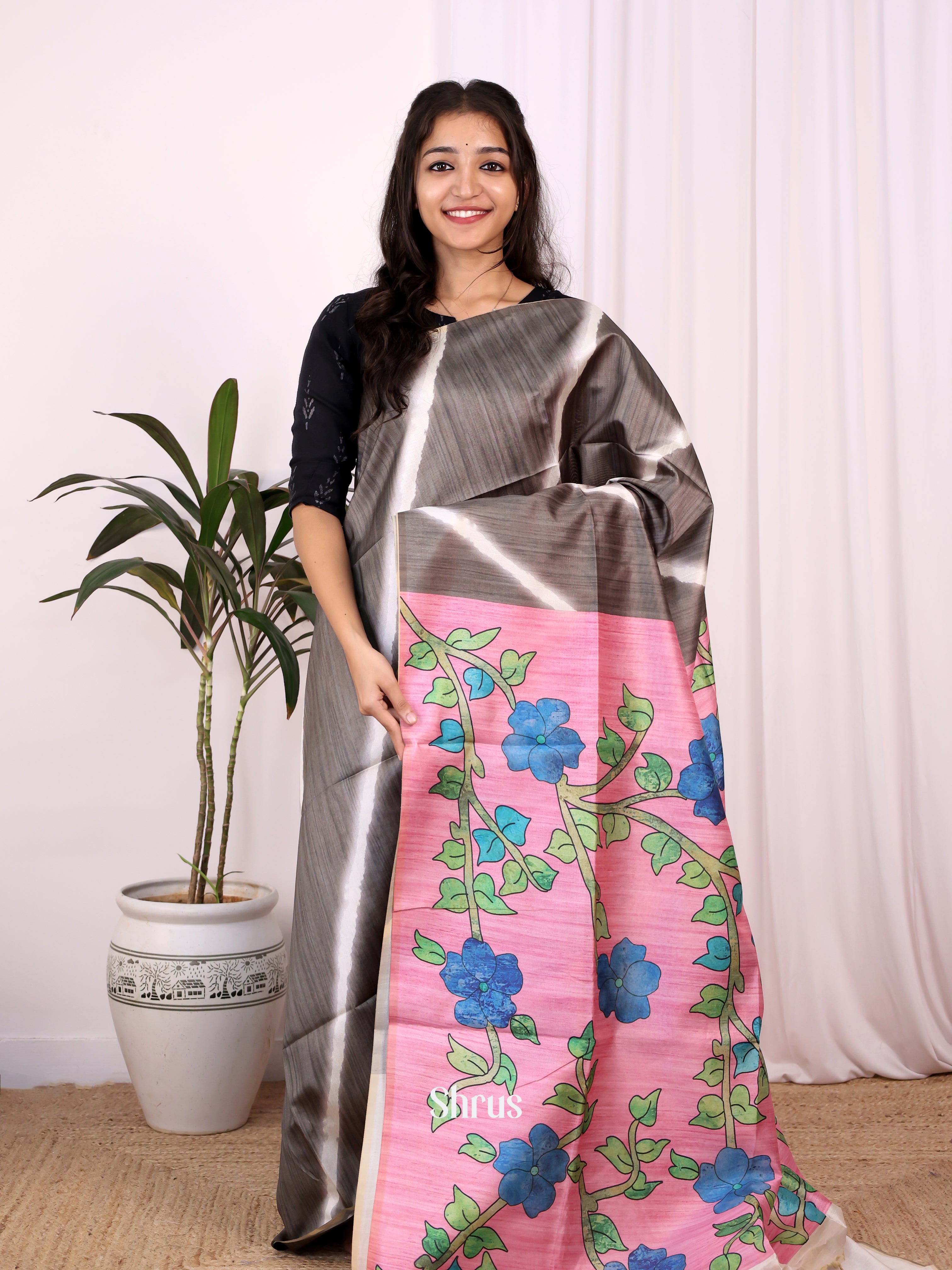 Grey & Pink - Champa semitussar Saree - Shop on Shrus.com