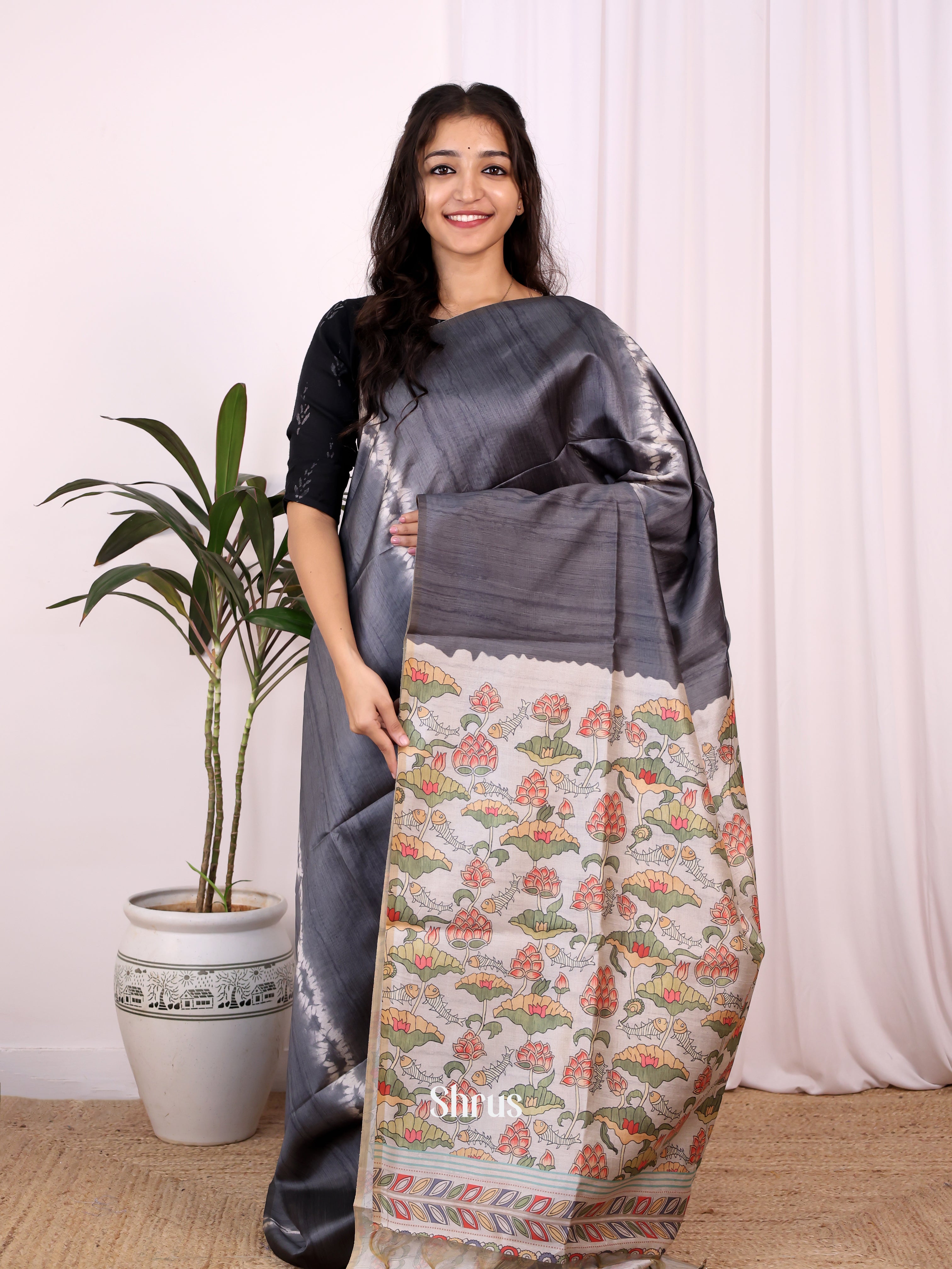Black & Grey- Champa semitussar Saree - Shop on Shrus.com