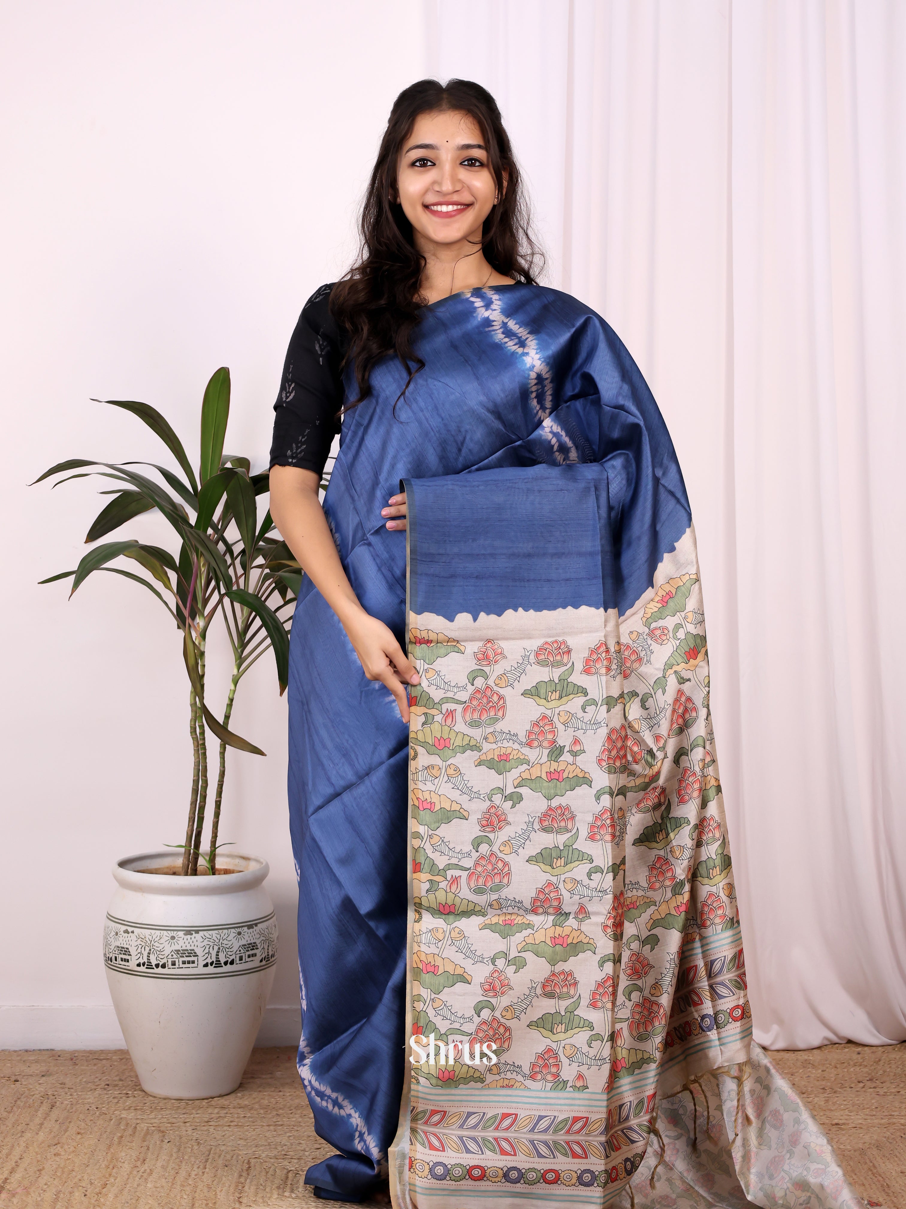 Blue & Grey- Champa semitussar Saree - Shop on Shrus.com