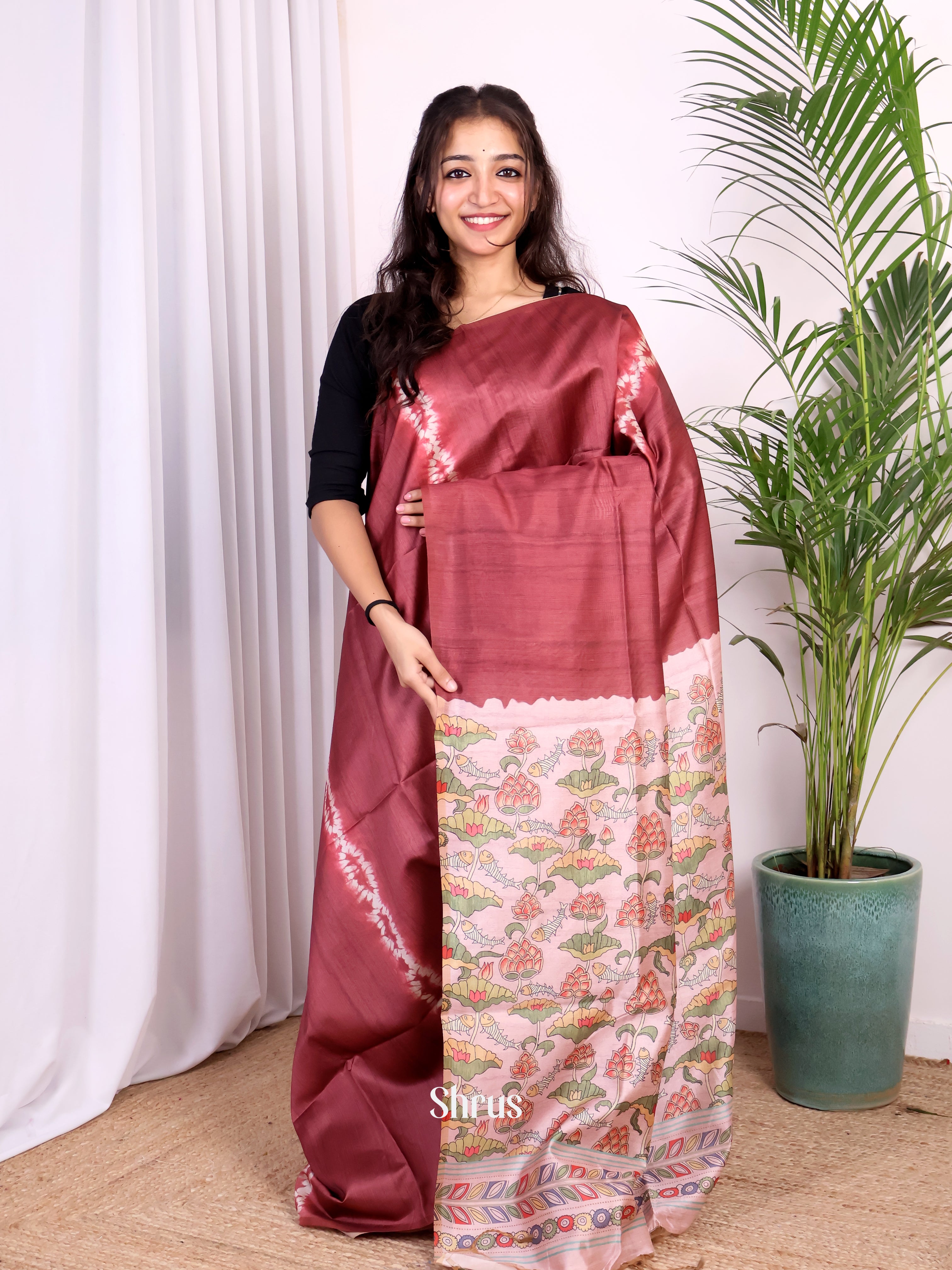 Maroon & Pink - Champa semitussar Saree - Shop on Shrus.com