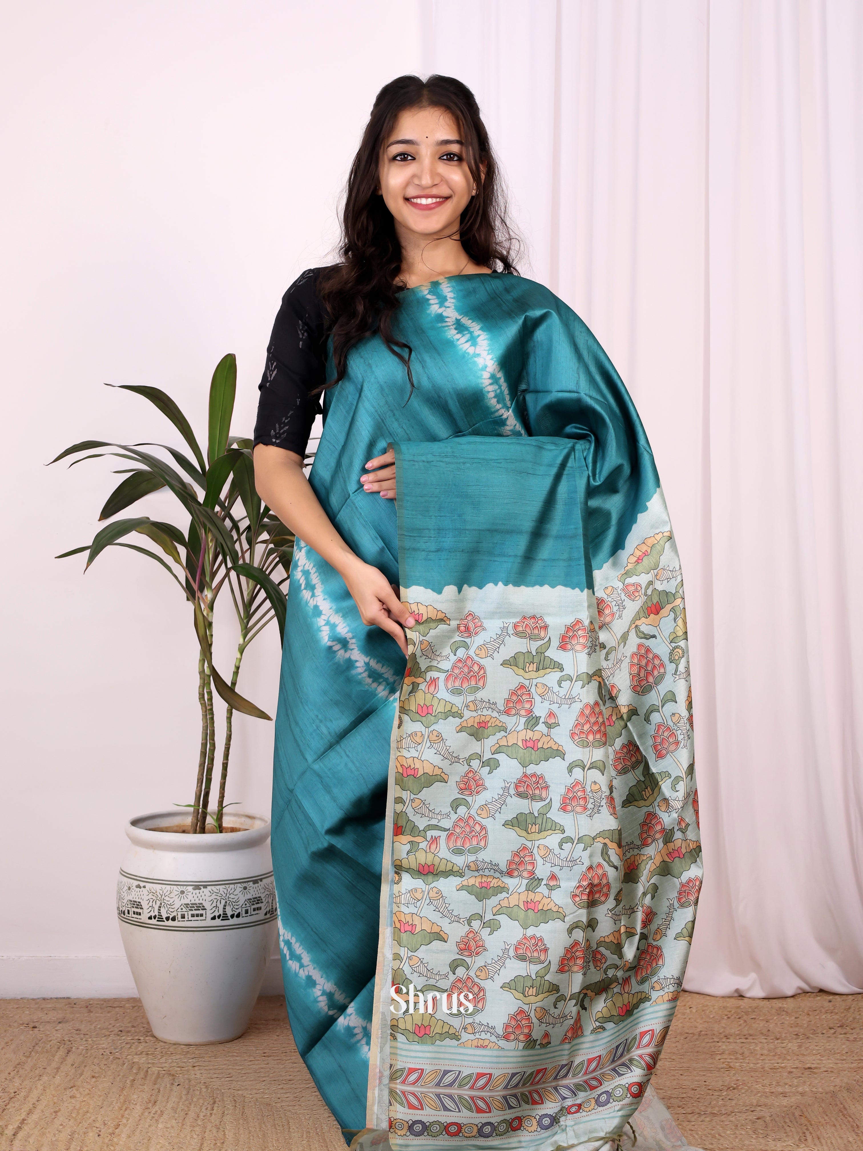 Blue & Lite Blue- Champa semitussar Saree - Shop on Shrus.com