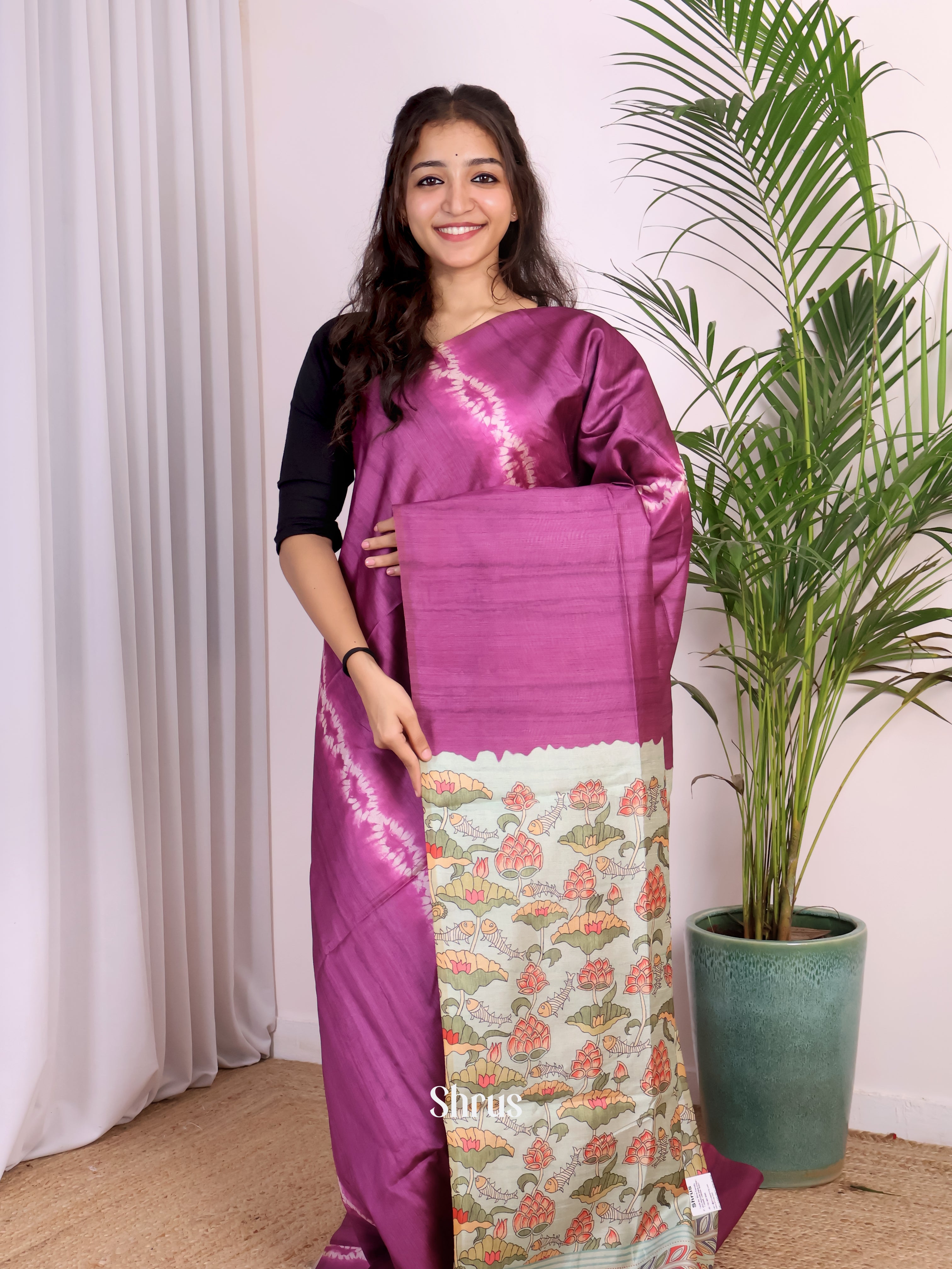 Purple & Green - Champa semitussar Saree - Shop on Shrus.com