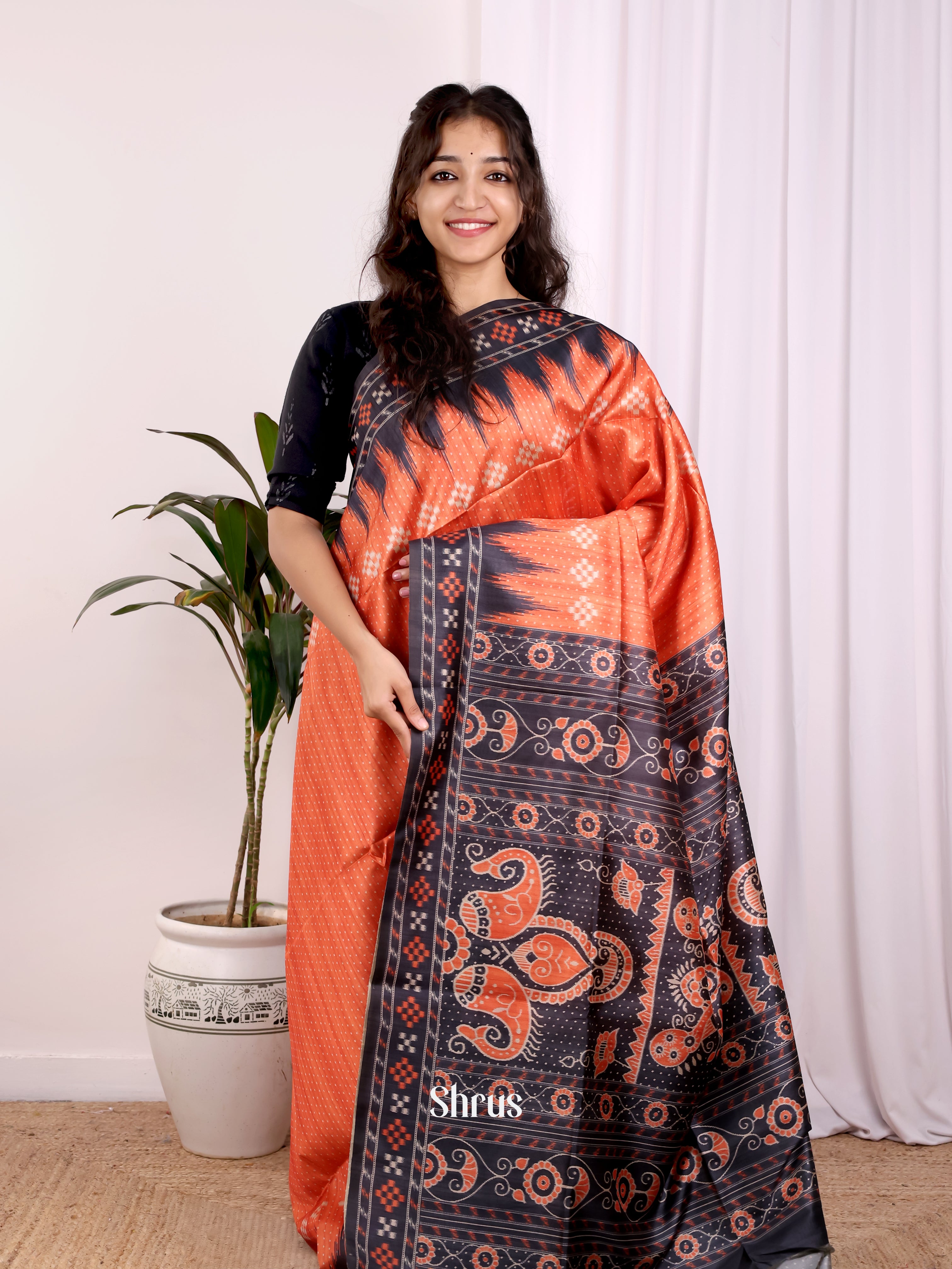 Orange & Black- Champa semitussar Saree - Shop on Shrus.com
