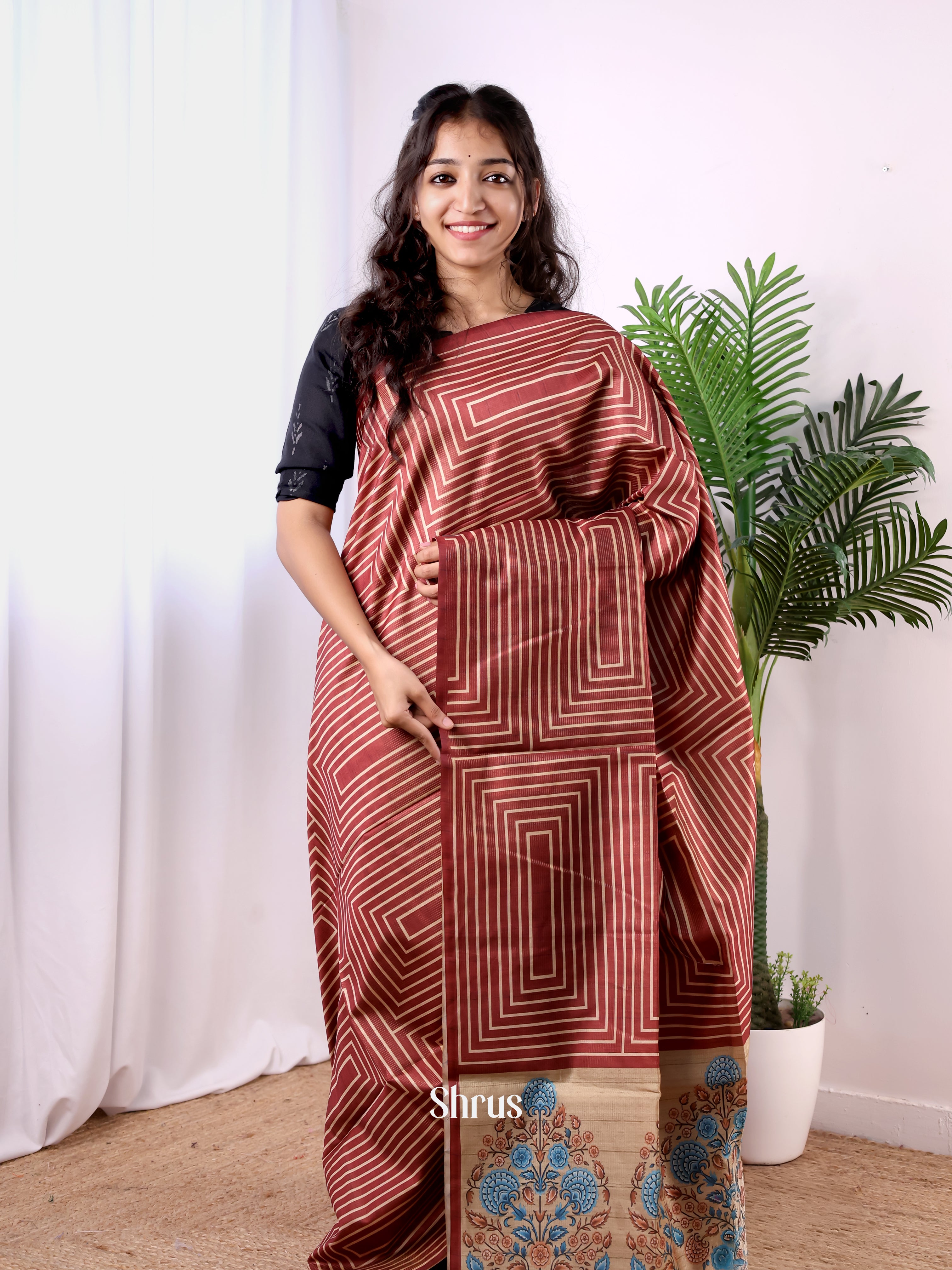 Maroon & Beige - Champa semitussar Saree - Shop on Shrus.com