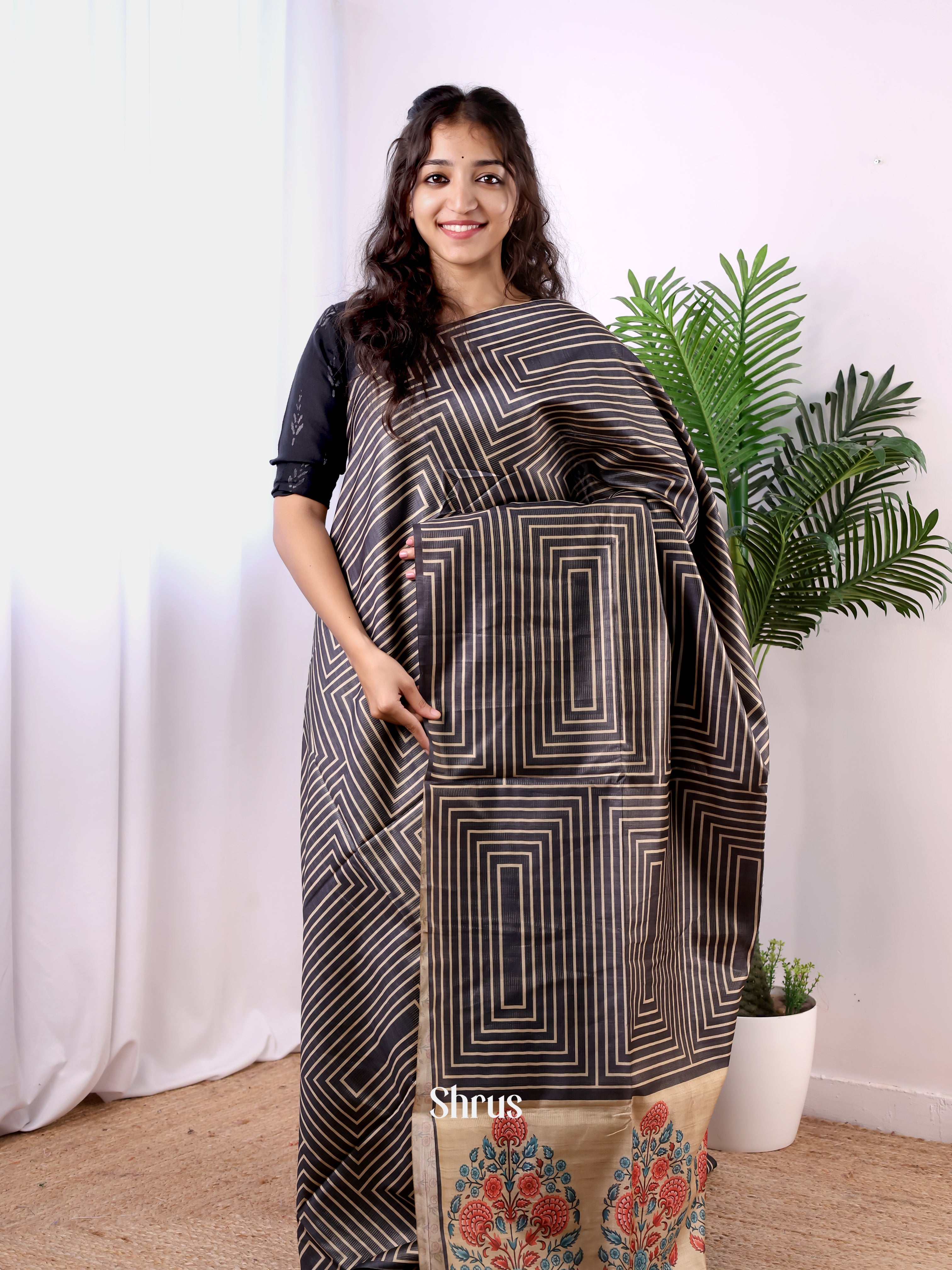 Black & Beige- Champa semitussar Saree - Shop on Shrus.com