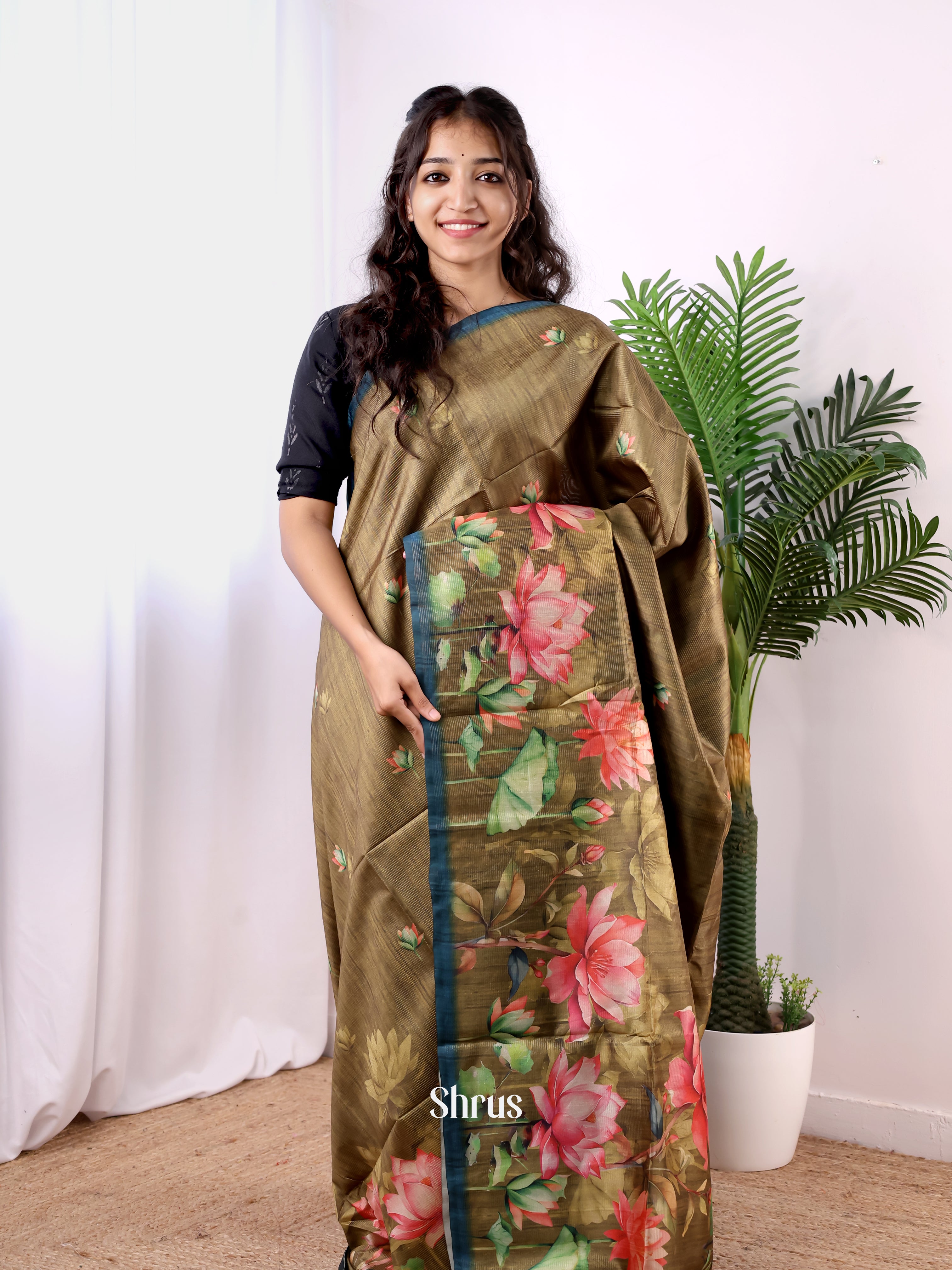 Olive Green & Green - Champa semitussar Saree - Shop on Shrus.com