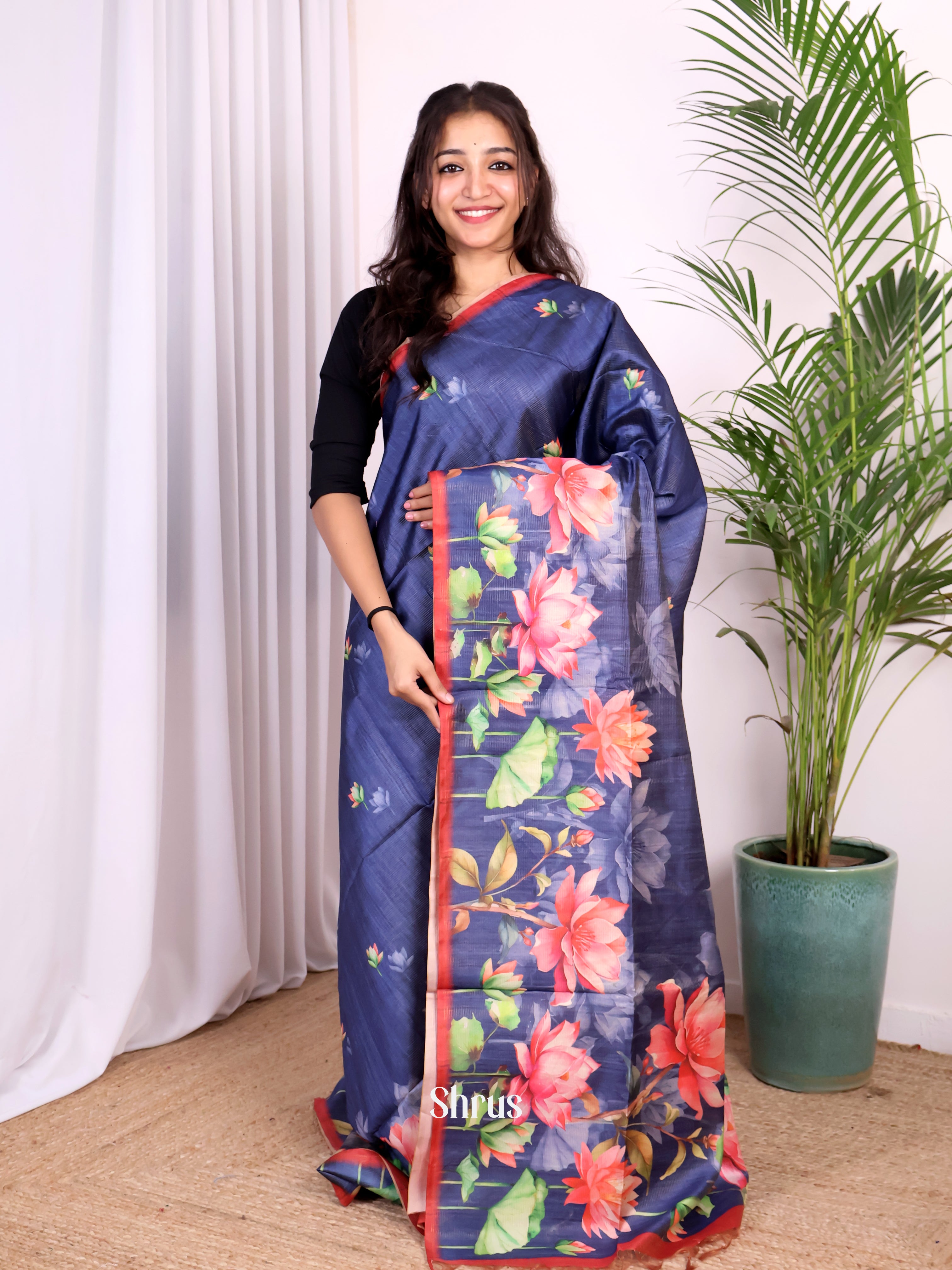 Blue & Red- Champa semitussar Saree - Shop on Shrus.com