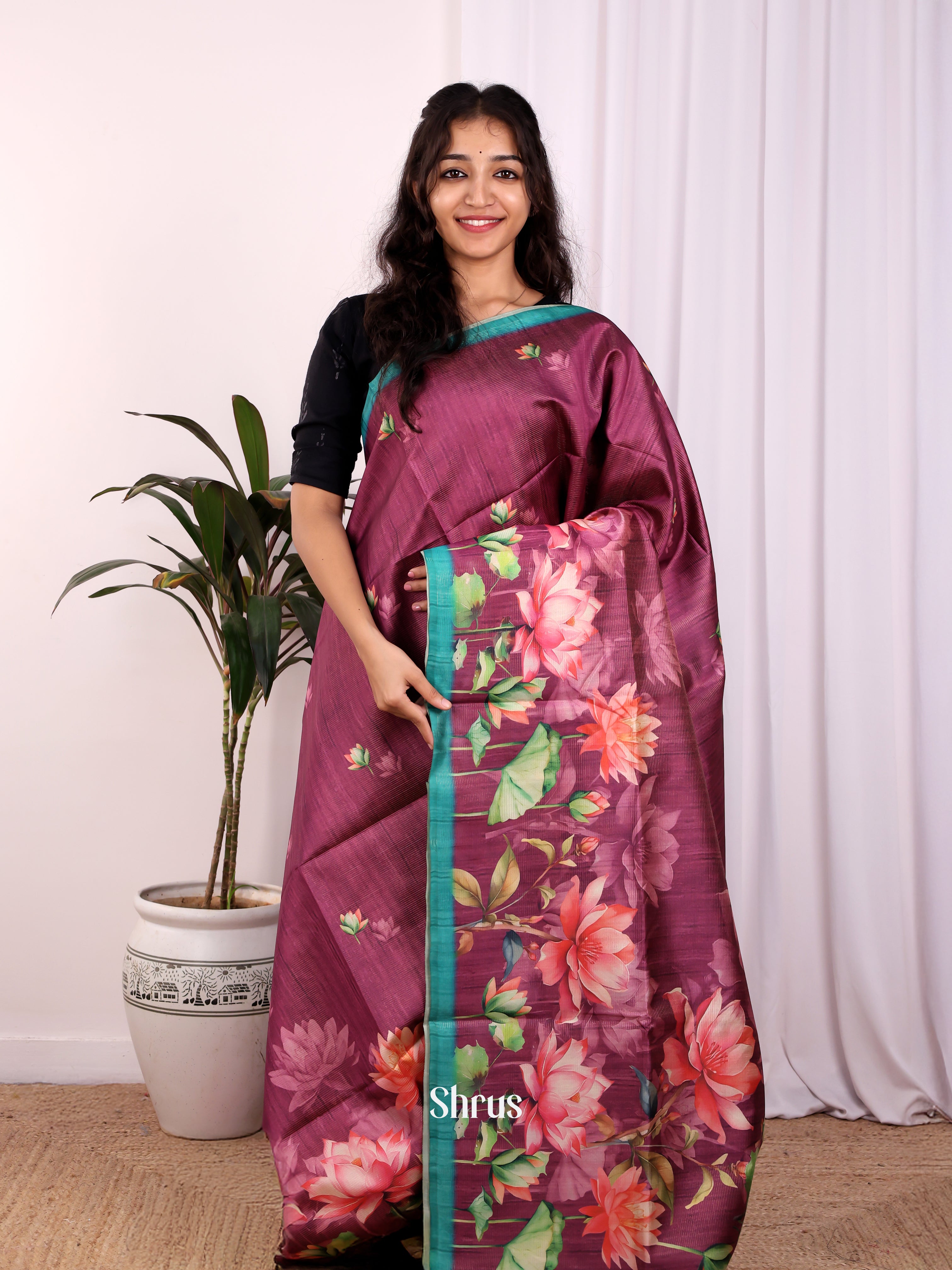 Purple & Green - Champa semitussar Saree - Shop on Shrus.com