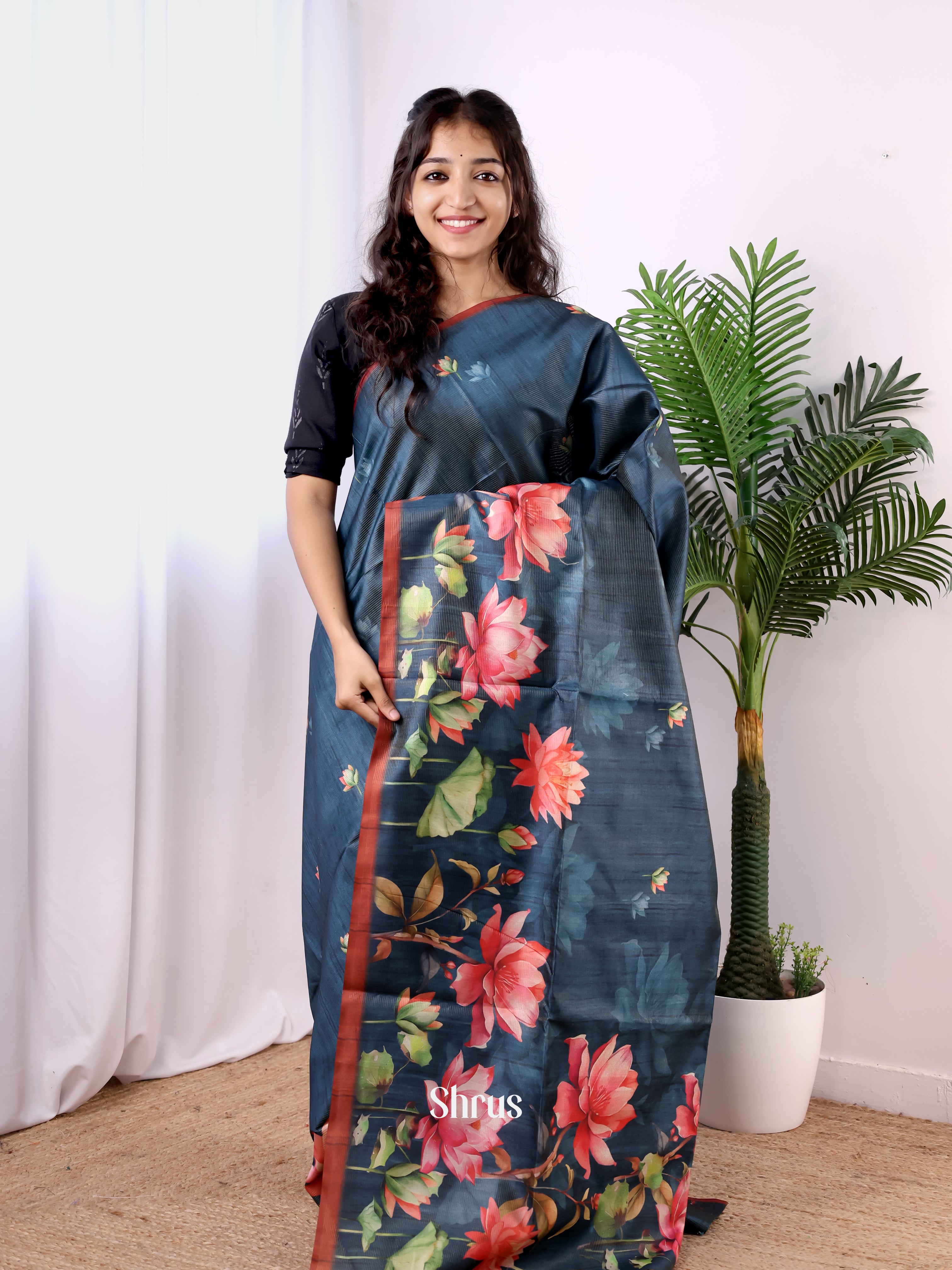 Midnight Blue & Brown - Champa semitussar Saree - Shop on Shrus.com