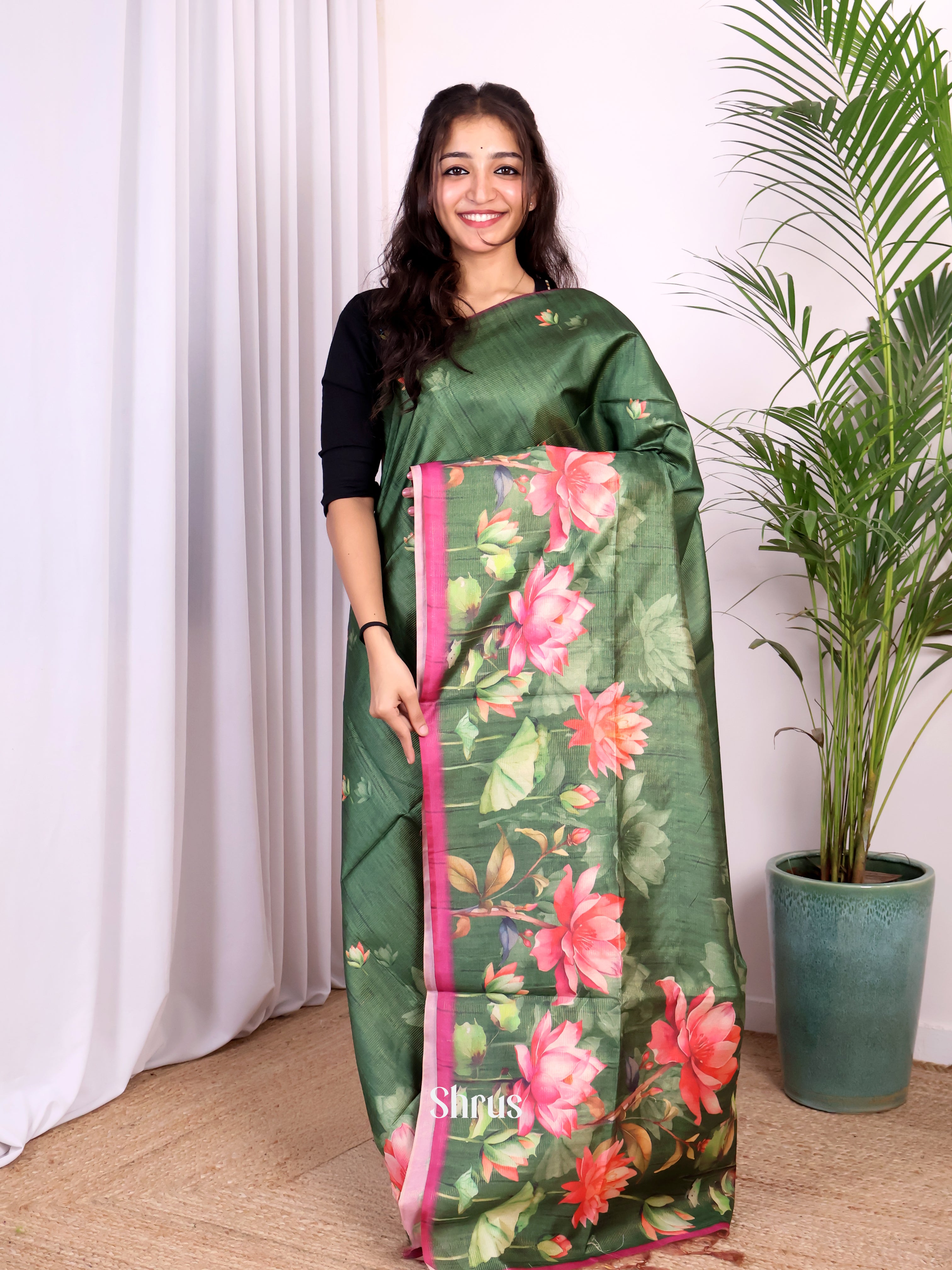 Green & Maroon - Champa semitussar Saree - Shop on Shrus.com