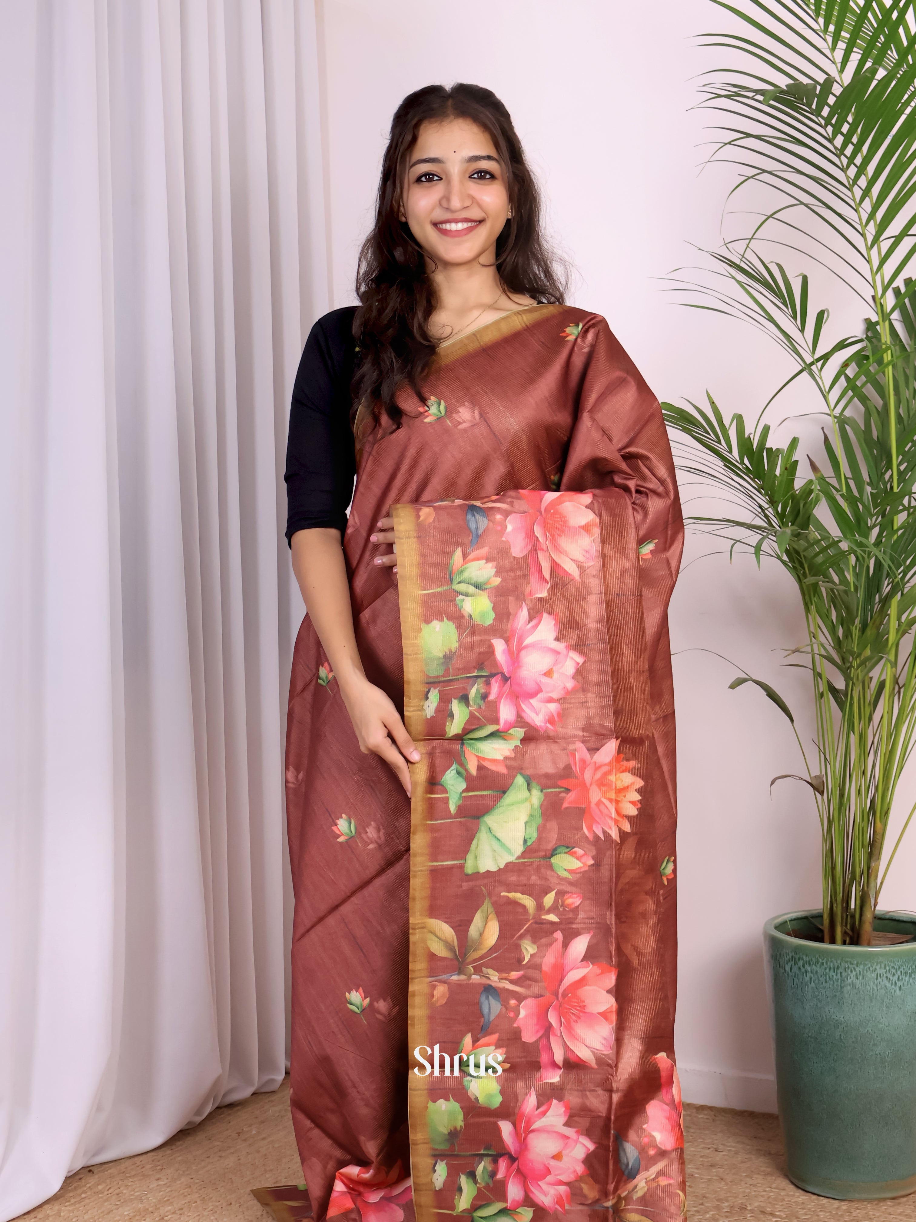 Brown & Beige- Champa semitussar Saree - Shop on Shrus.com