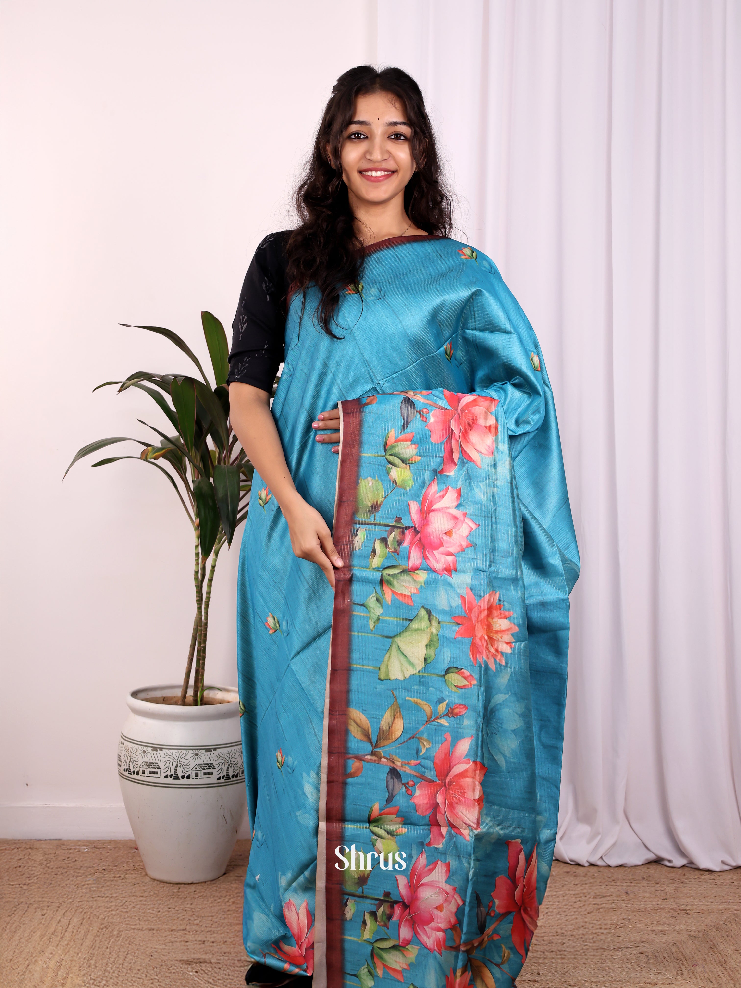 Blue & Brown - Champa semitussar Saree - Shop on Shrus.com