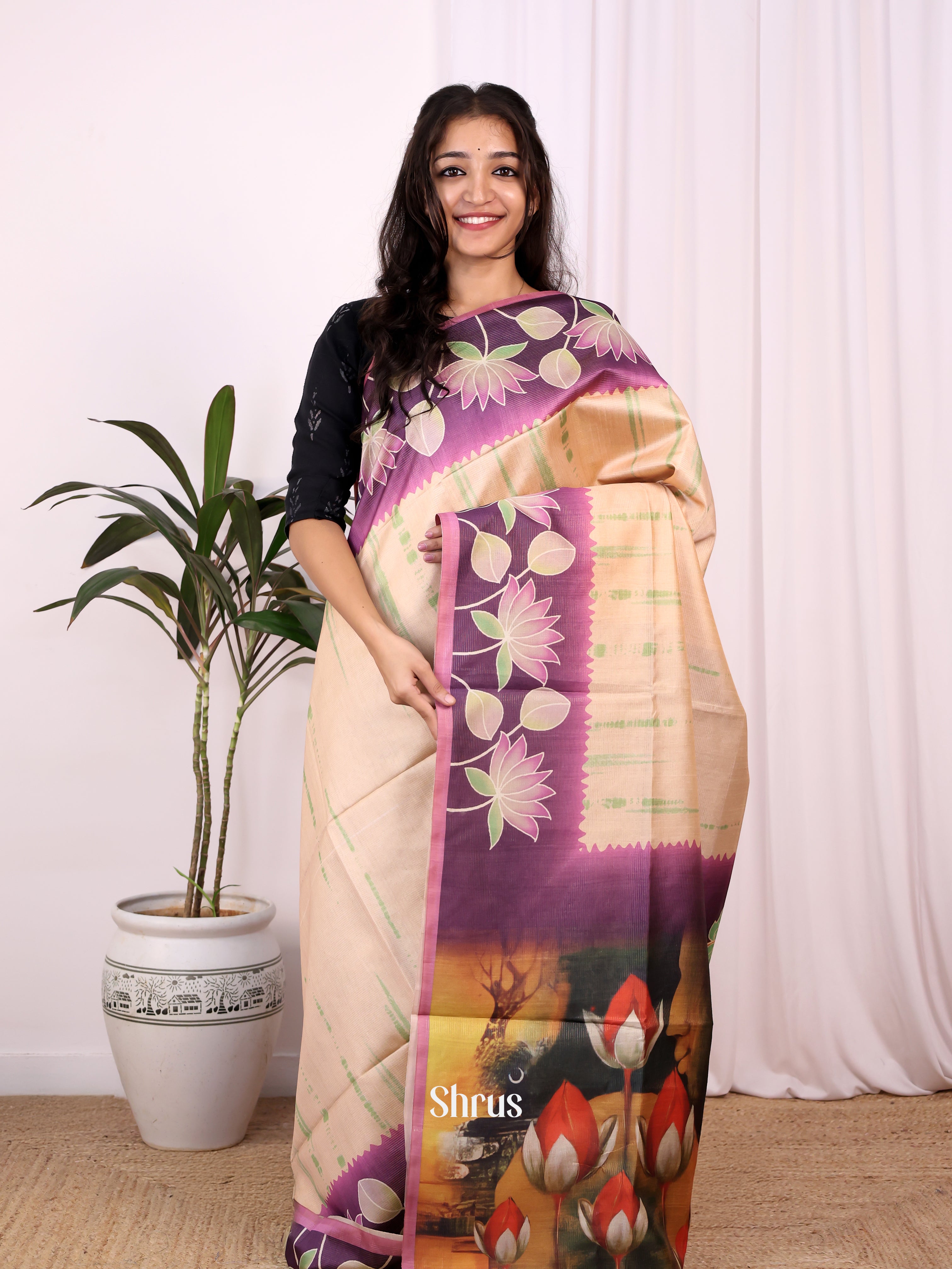 Cream & Purple- Champa semitussar Saree - Shop on Shrus.com