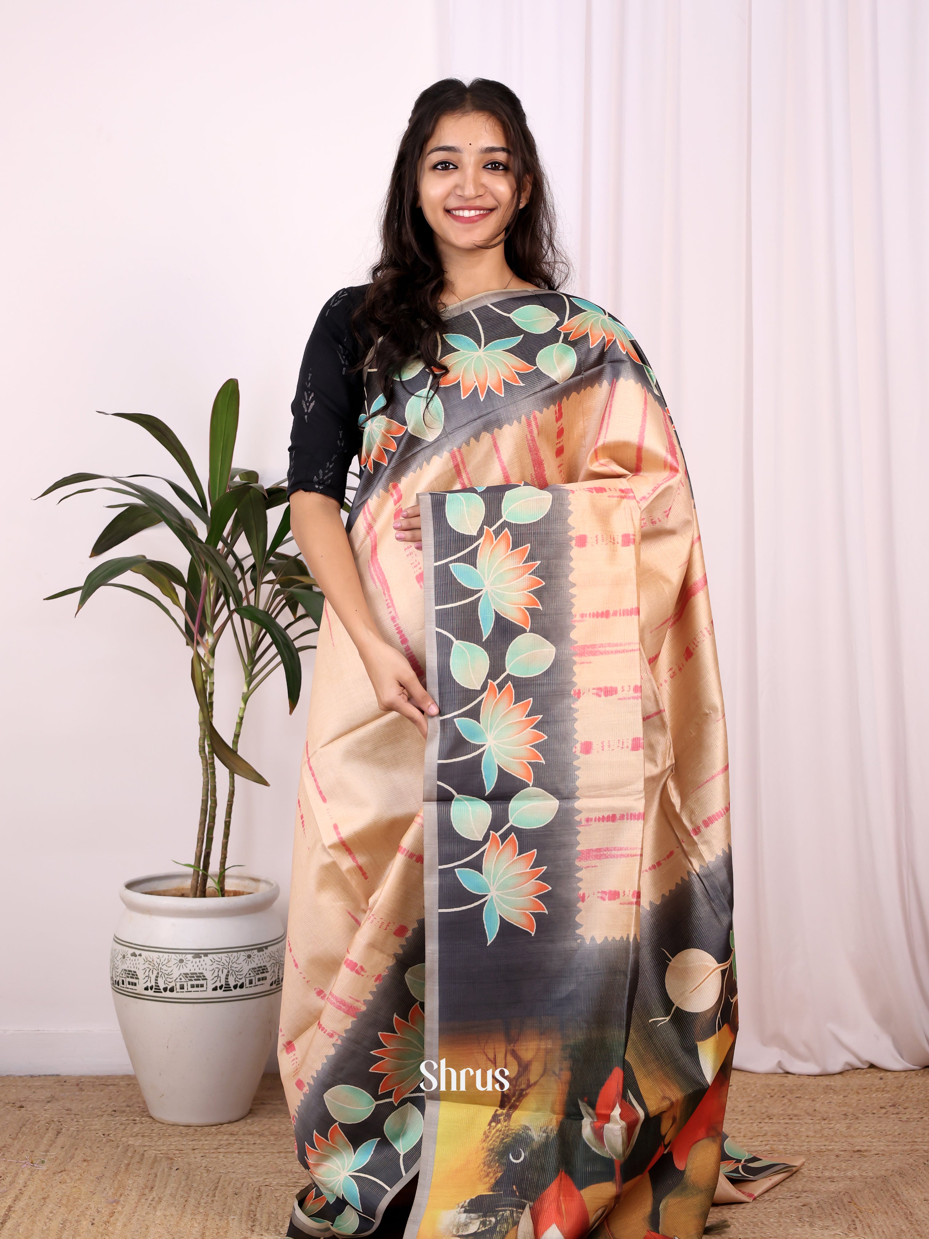Peach & Grey - Champa semitussar Saree - Shop on Shrus.com