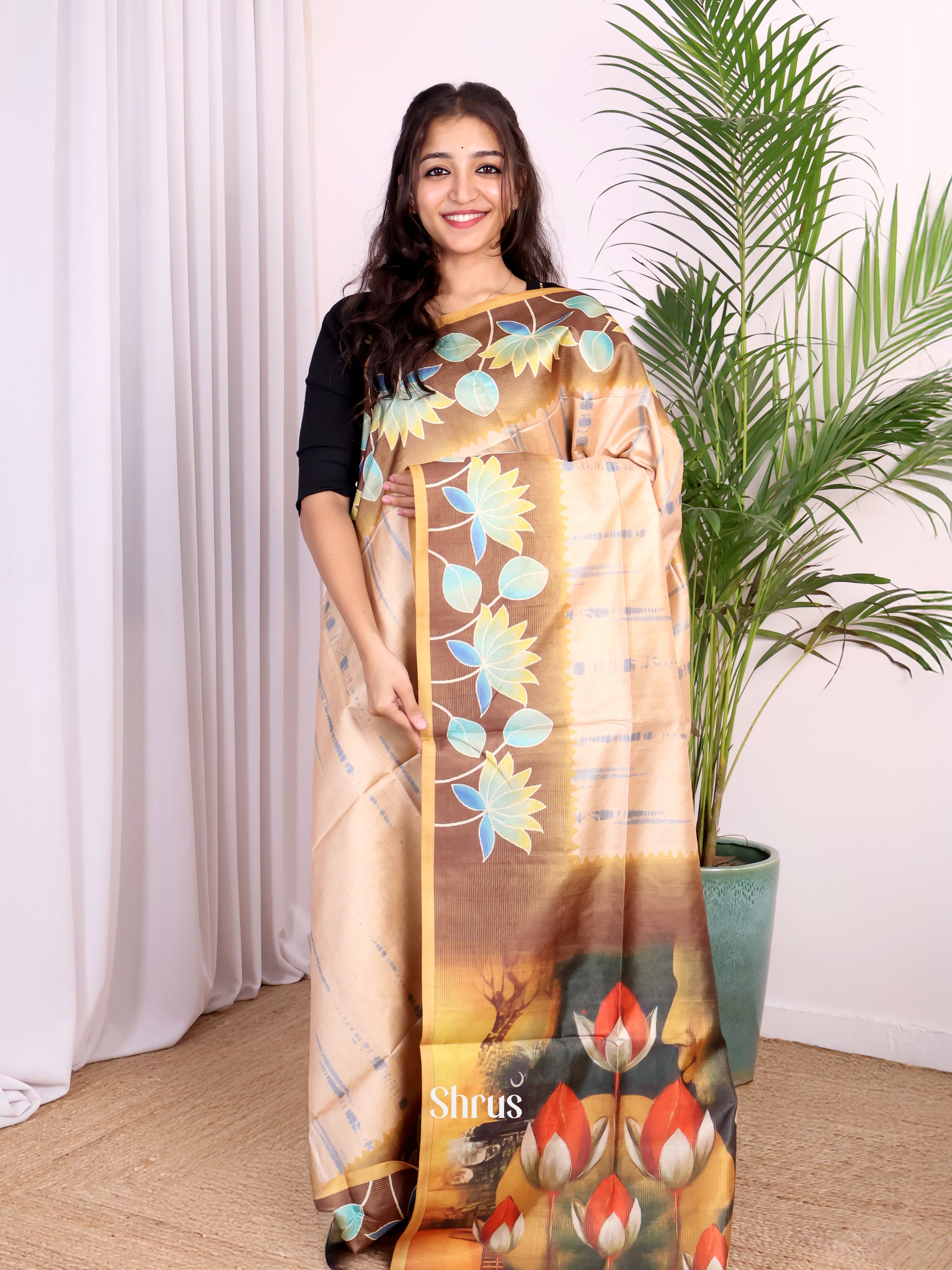 Cream & Brown - Champa semitussar Saree - Shop on Shrus.com